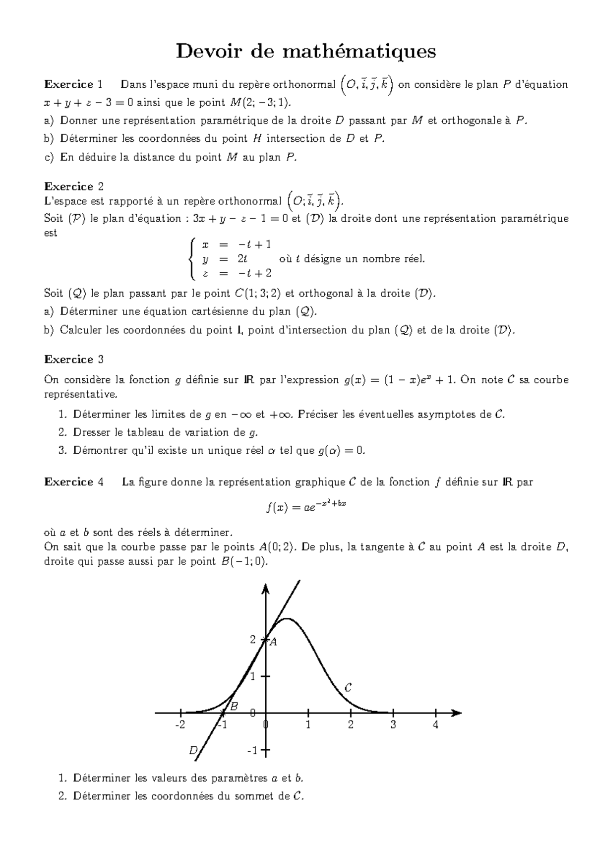 DS Geometrie espace Fonction exponentielle - Devoir de math ́ematiques ...