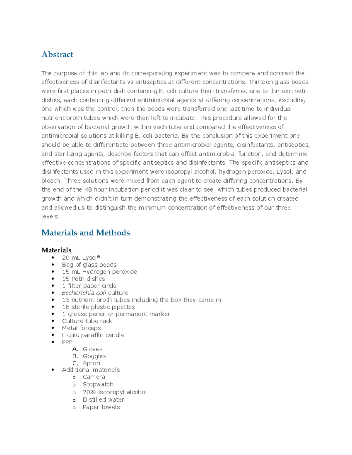 Evaluation of Antiseptics and Disinfectants Lab Report Abstract The
