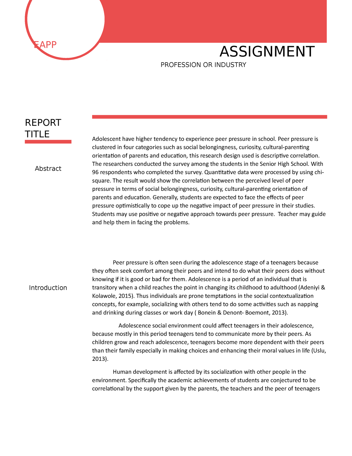 EAPP - None - EAPP REPORT TITLE Abstract Introduction ASSIGNMENT ...