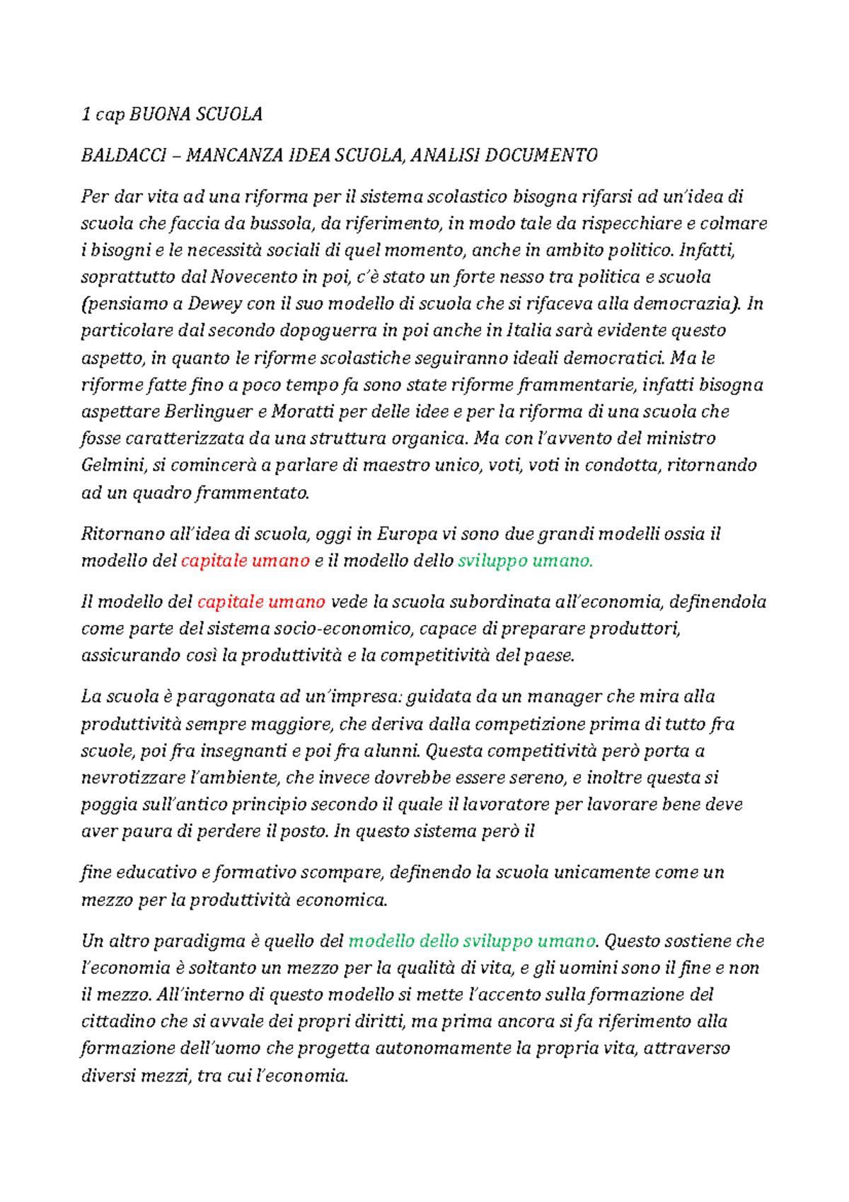 Buona scuola riassunto libro 1 cap BUONA SCUOLA BALDACCI MANCANZA