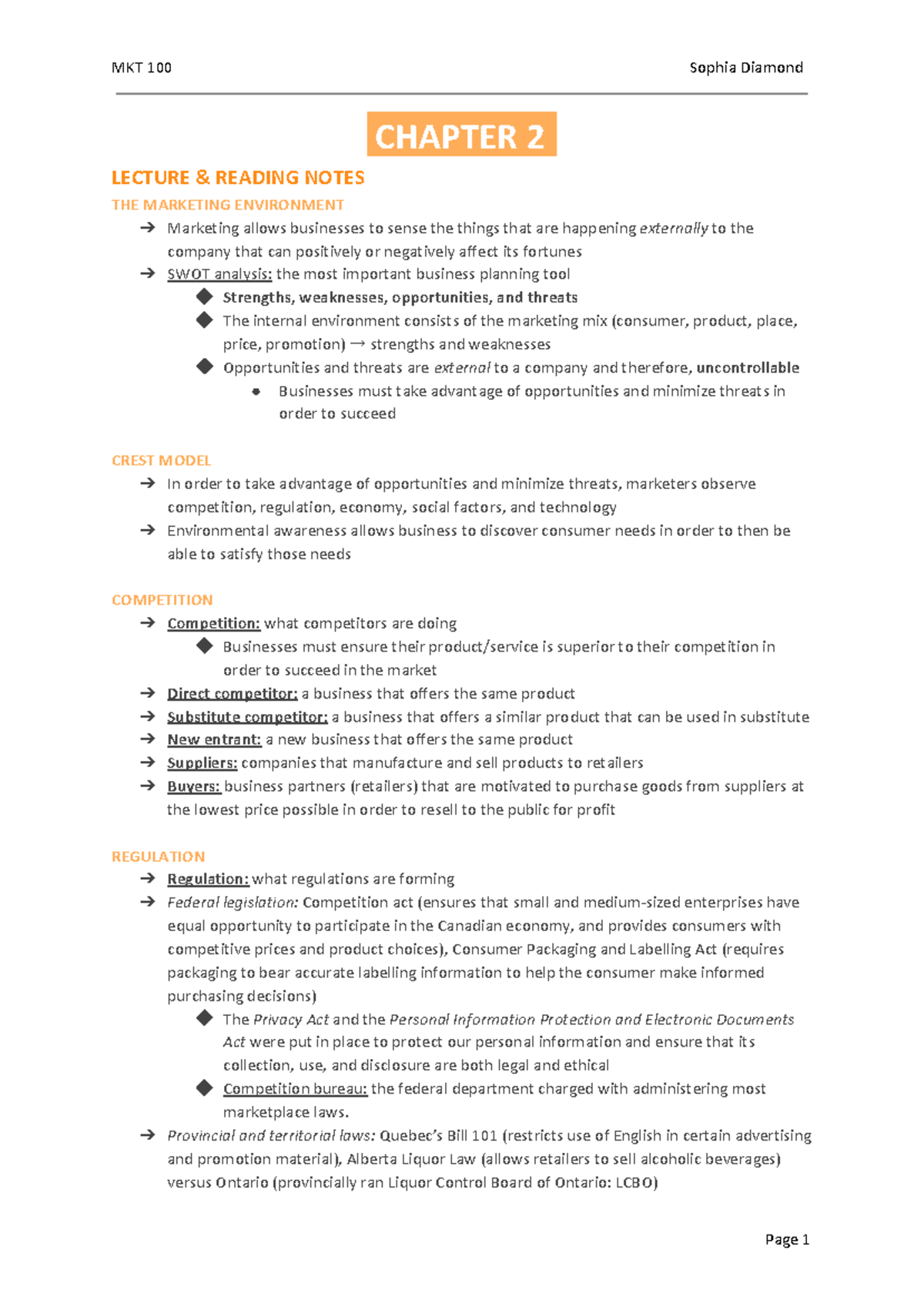 CHAP 2 notes MKT100 - CHAPTER 2 . LECTURE & READING NOTES THE MARKETING ...
