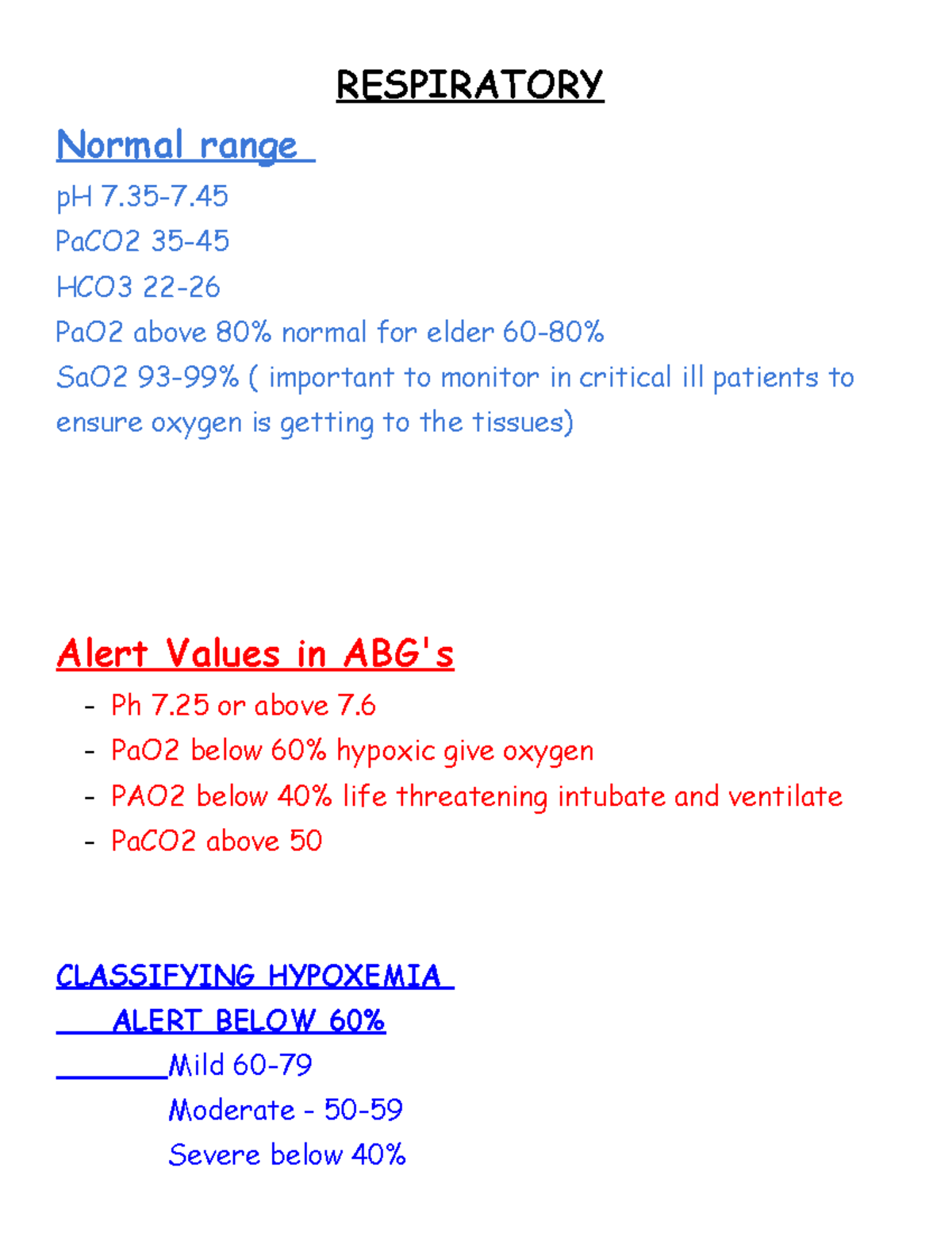 Respiratory - Jill Rushing - Respiratory Normal Range Ph 7.35-7 Paco2 