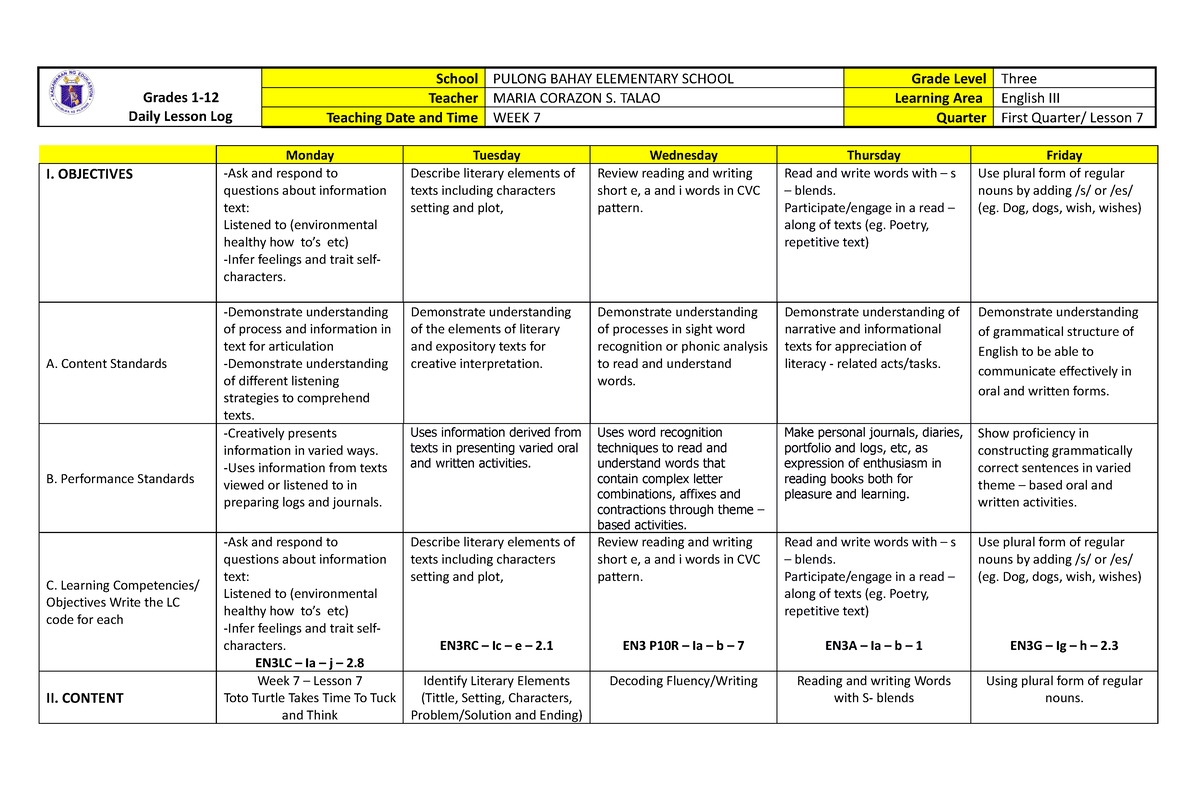 DLL English WEEK 7 - ASSIGNMENT - Grades 1- Daily Lesson Log School ...