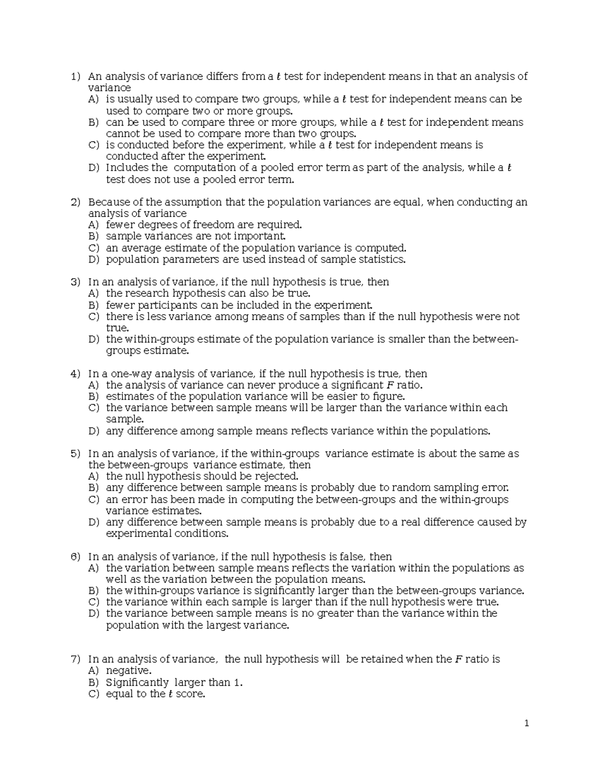 Anova Practice Quiz - An analysis of variance differs from a t test for ...