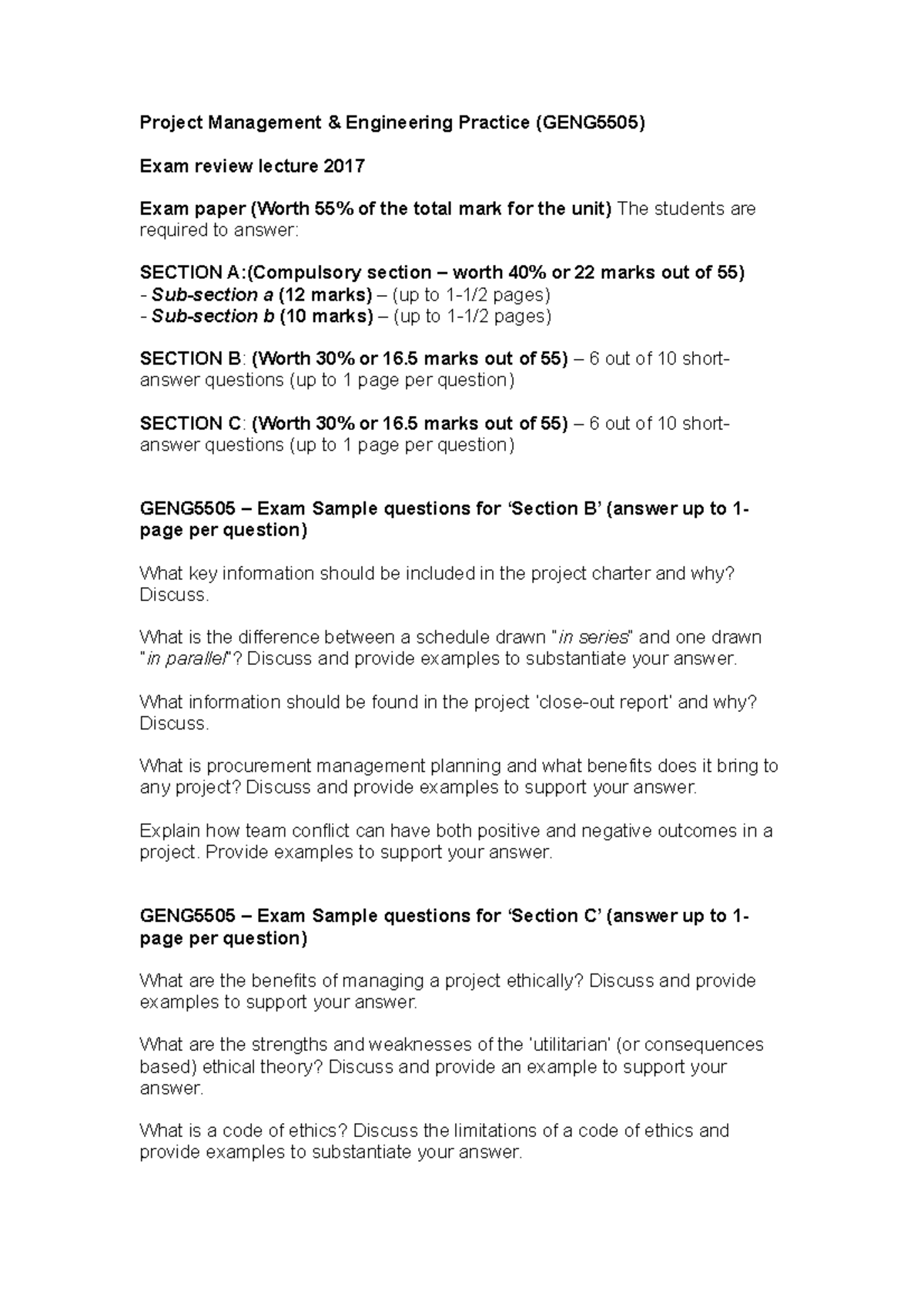 Exam Review 15 June 2017, questions - Project Management & Engineering ...