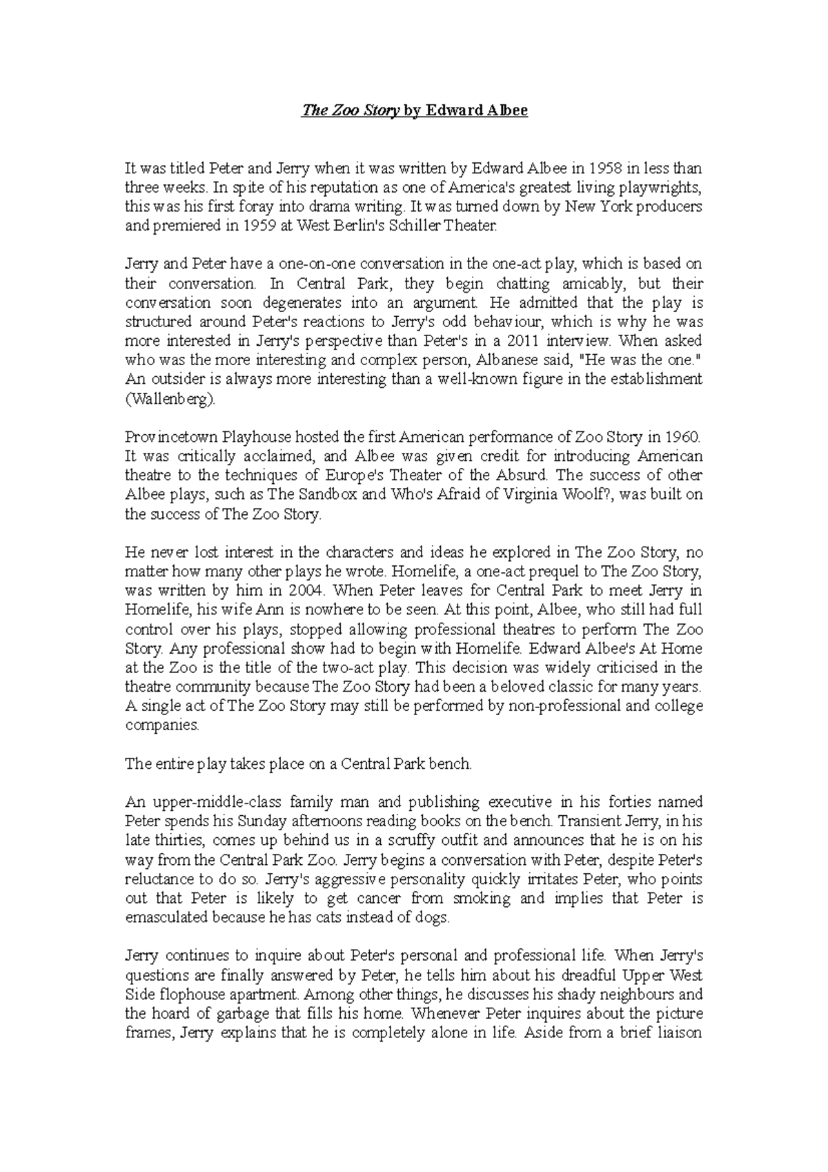 The Zoo Story by Edward Albee American Literature AMU Studocu