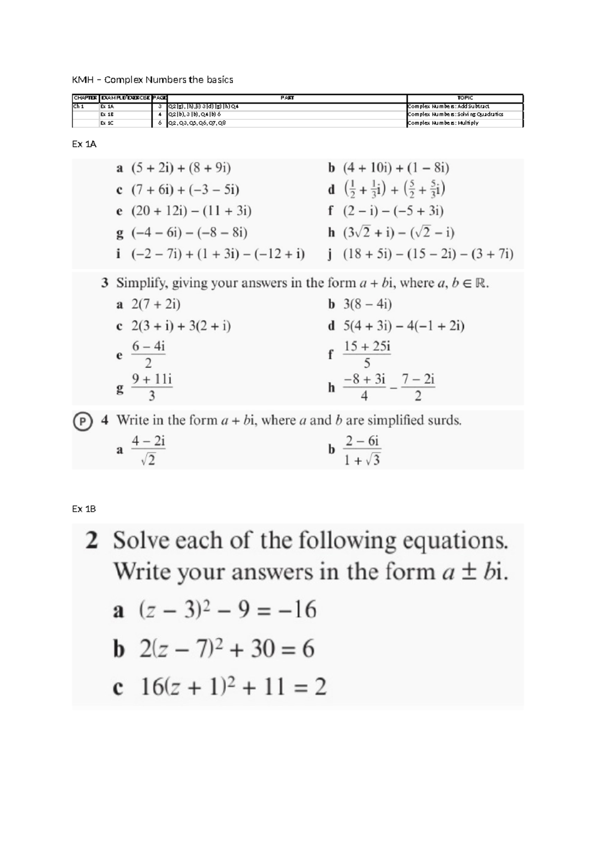 Chpt 1 Complex Numbers the basics questions - KMH – Complex Numbers the ...