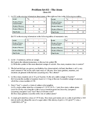 Gen Chemistry I Lab Problem Set 1 - Problem Set Ot - Cheinist Che ry ...