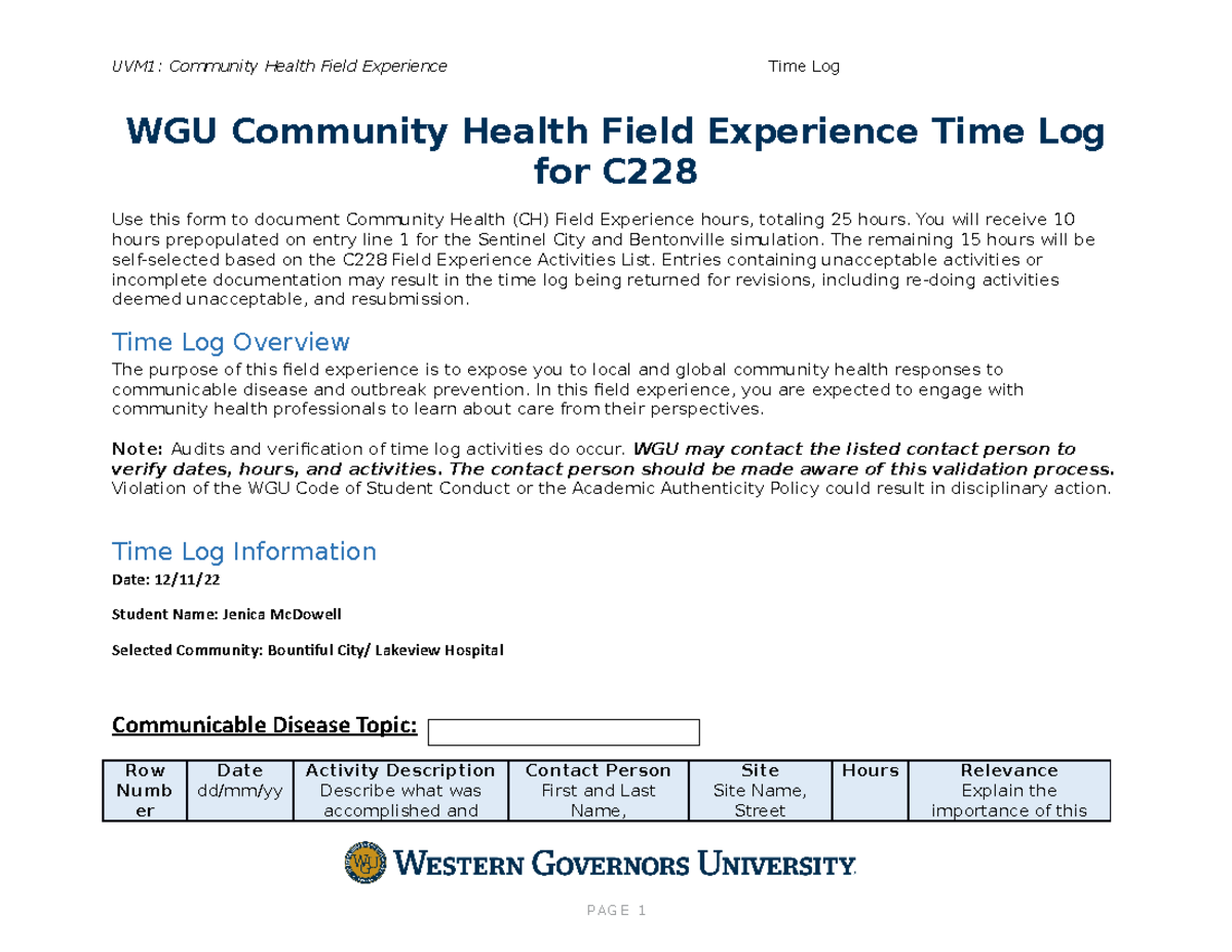 C228TASK2 Final - WGU Community Health Field Experience Time Log for C