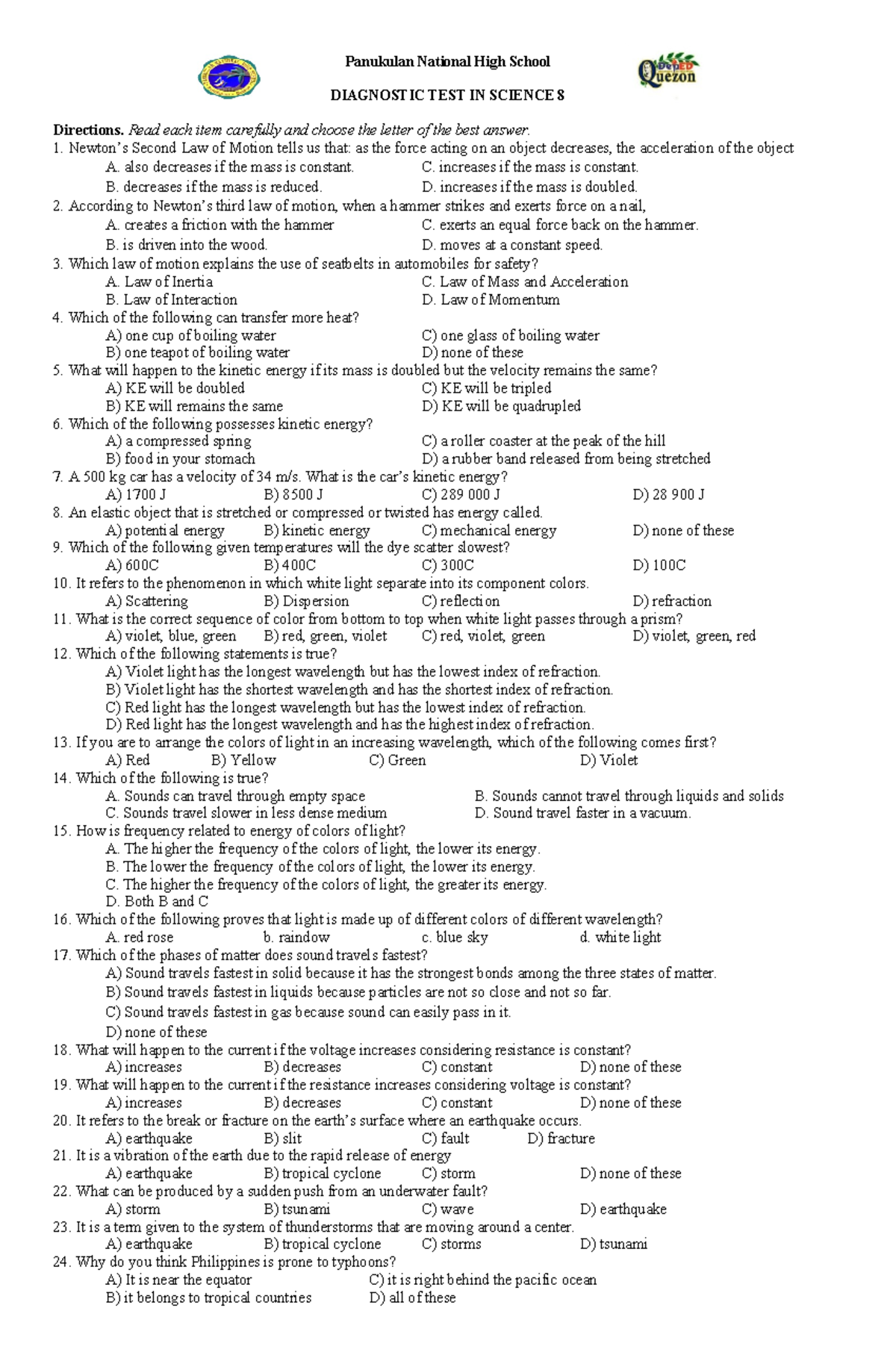 Science 8 - Panukulan National High School DIAGNOSTIC TEST IN SCIENCE 8 ...