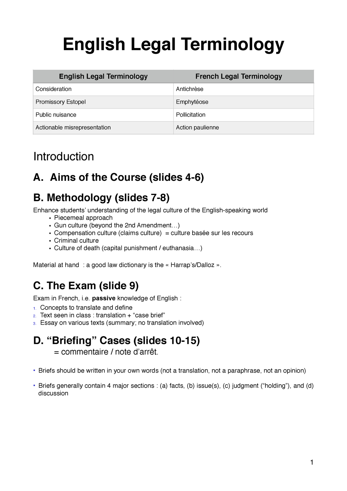 Anglais Synth Cours English Legal Terminology Introduction A Aims Of The Course Slides 4 6 B Studocu