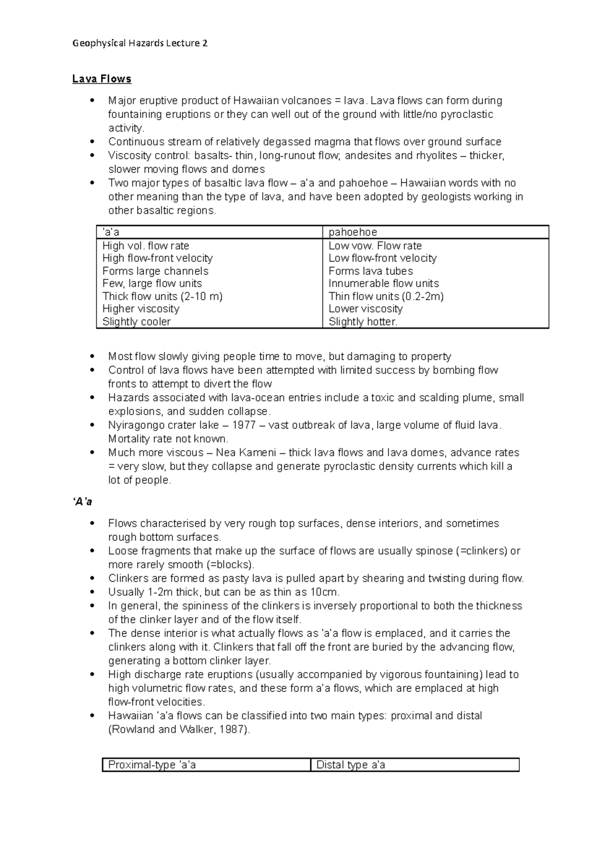 18-01-18 Lava Flows - Lecture notes 2 - Geophysical Hazards Lecture 2 ...