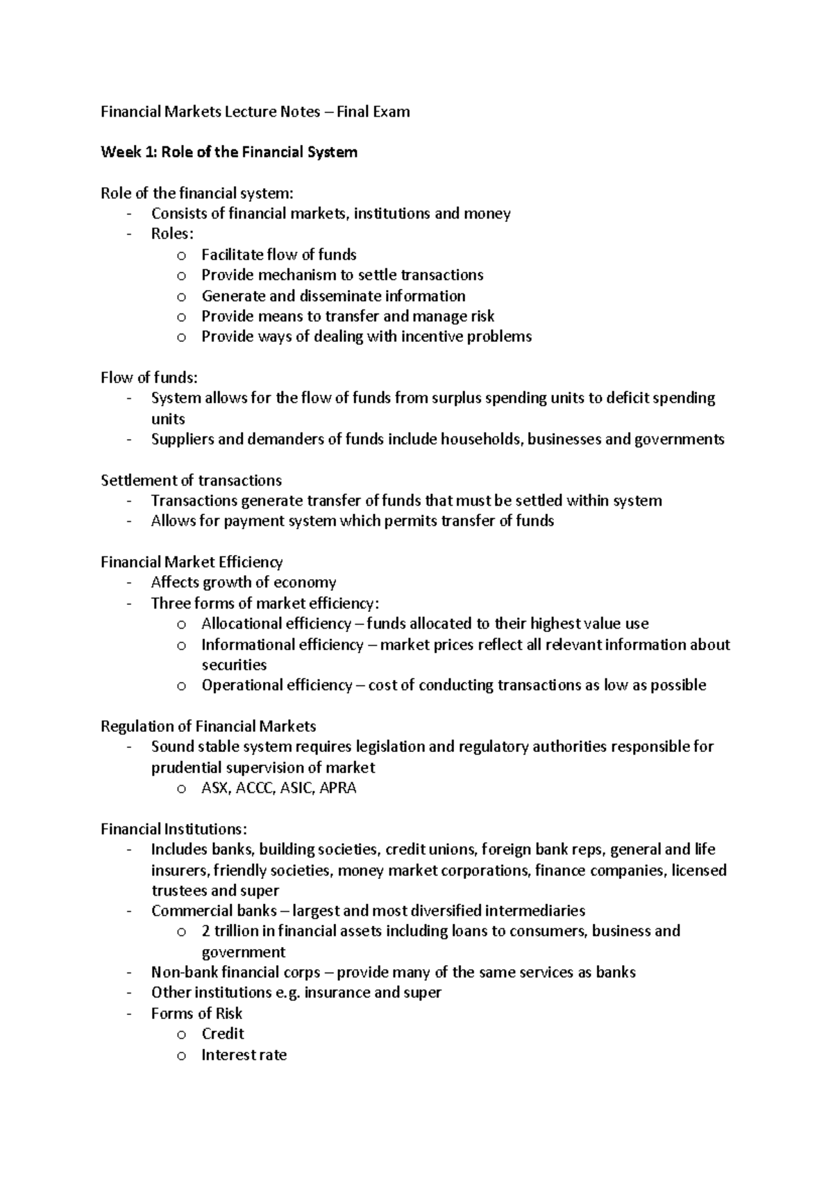 Financial Markets Lecture Notes - insurance and super - Forms of Risk o ...