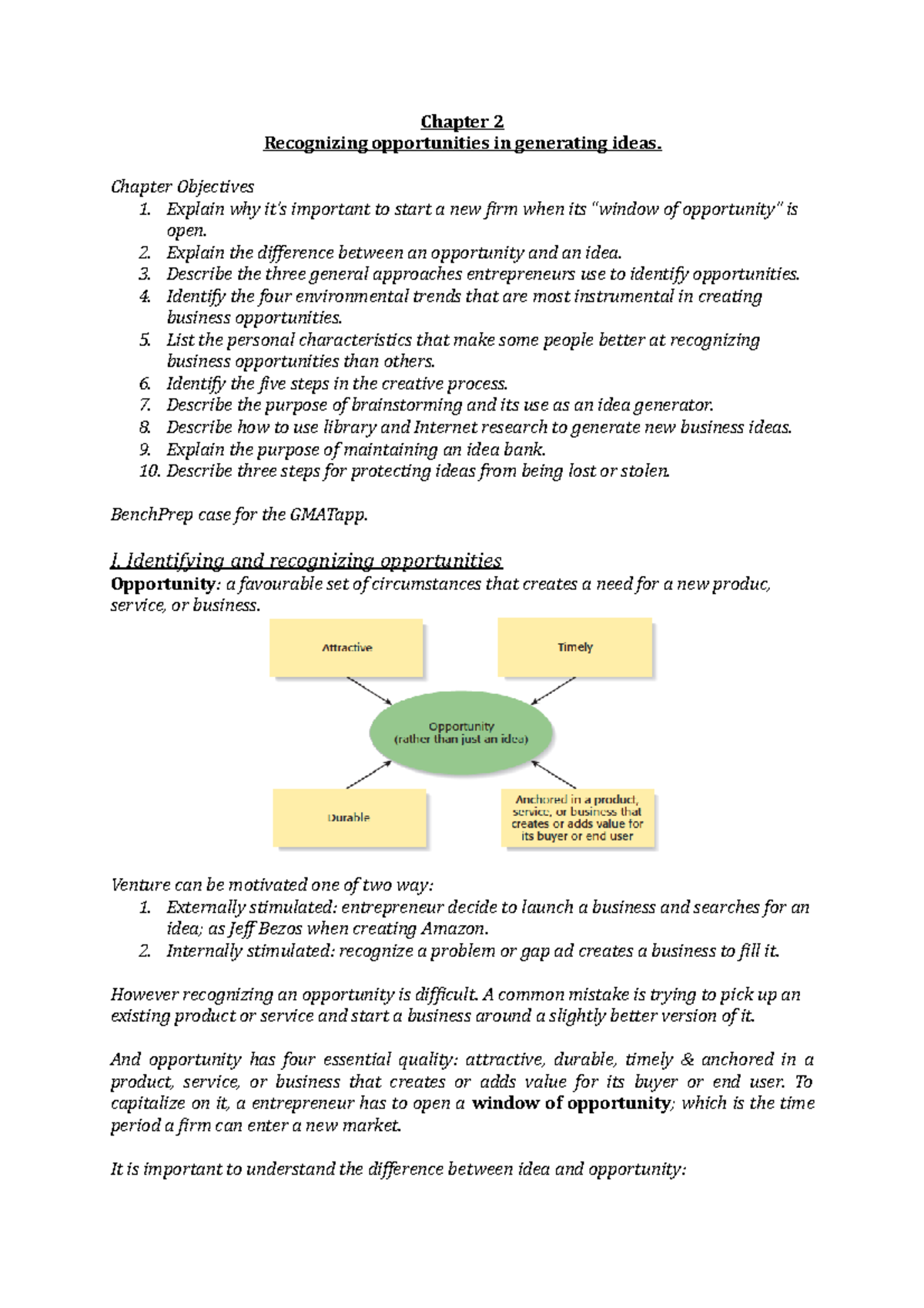 Chapter 2 Notes - Chapter 2 Recognizing opportunities in generating ...