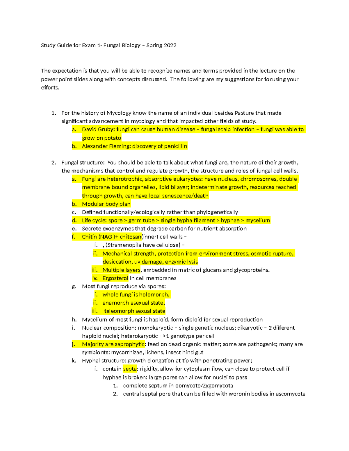 Study Guide for Exam 1 2022 - Study Guide for Exam 1- Fungal Biology ...