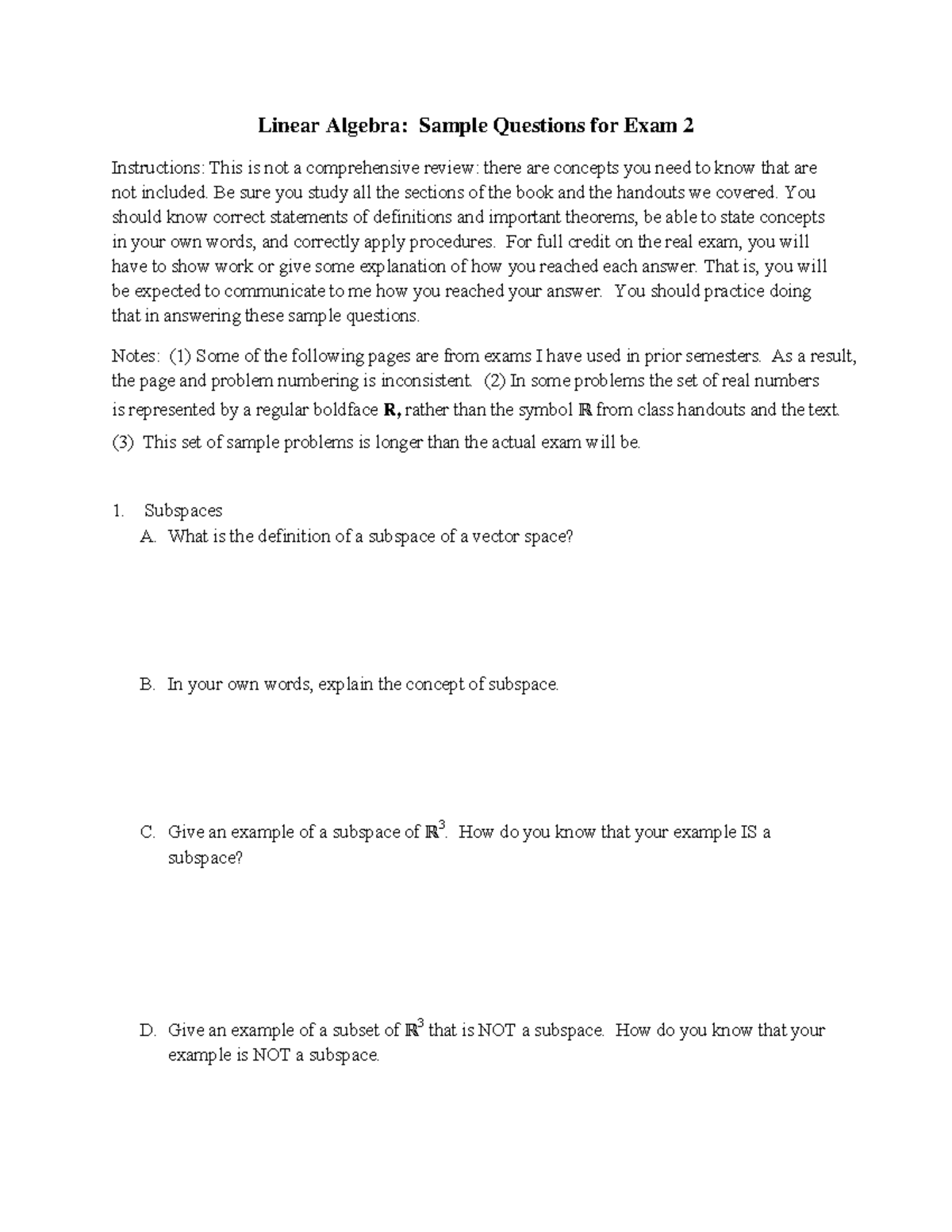 Sample practice exam spring 2017 questions linear algebra sample
