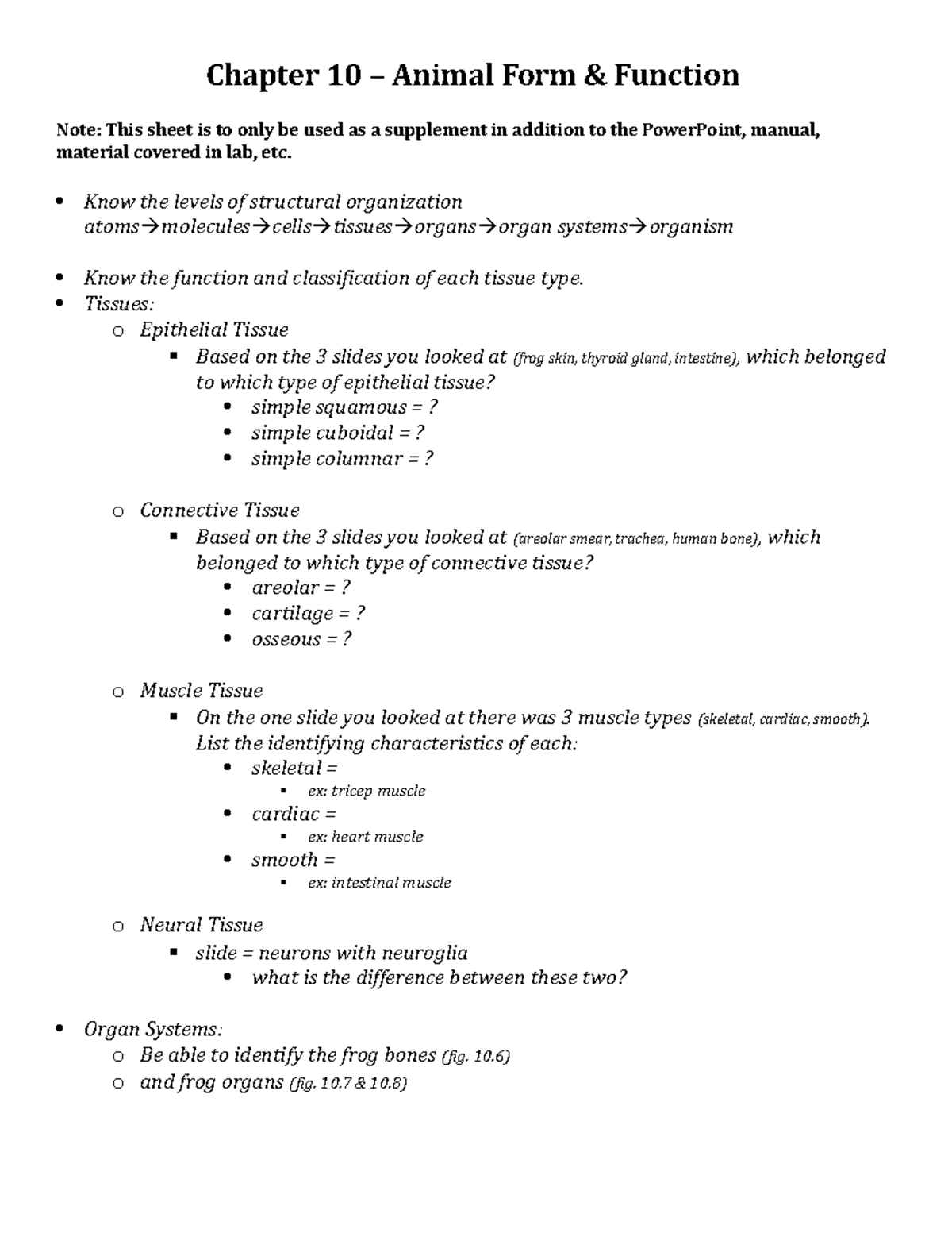 Chapter 10 - Animal form and function - Review - Chapter 10 – Animal ...