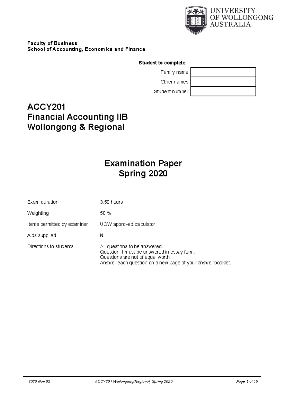 ACCY201 2020 Final Exam Spring Session 2020 Copy - Faculty Of Business ...