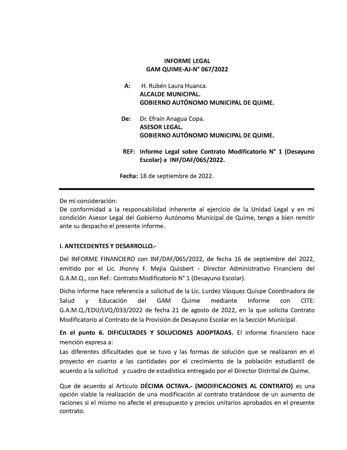 Informe Legal 0067 de Contrato Modificatorio Desayuno Escolar - INFORME ...