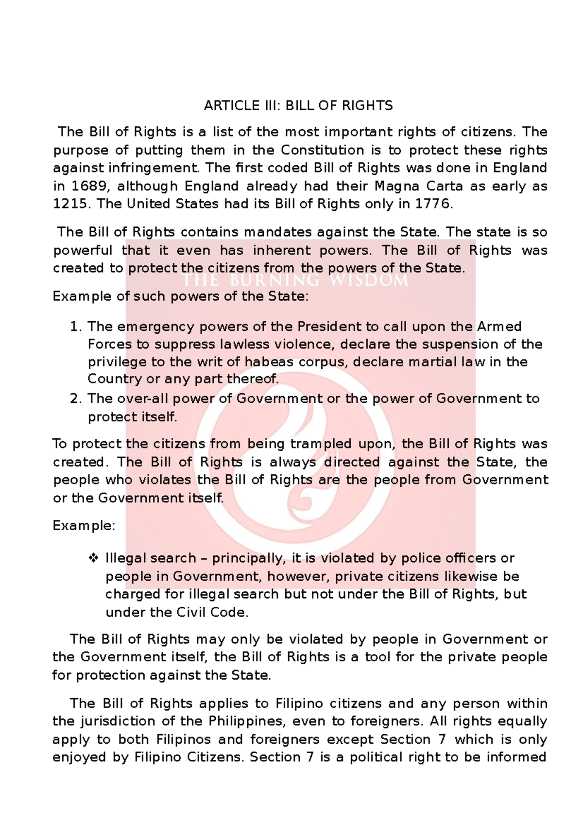 which statement defines article iii of the philippine constitution