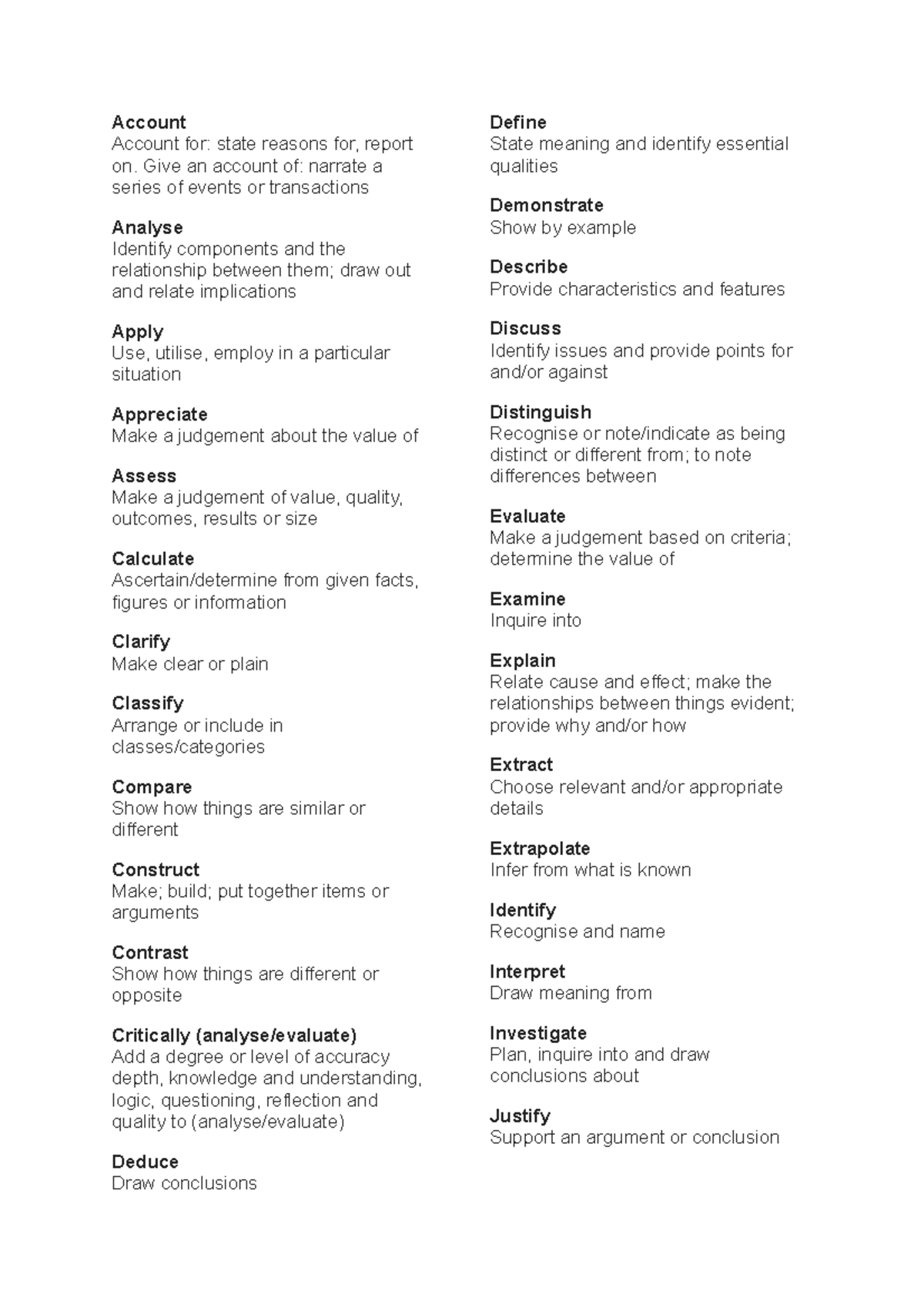 Directive verbs for english essays to use Account Account for state