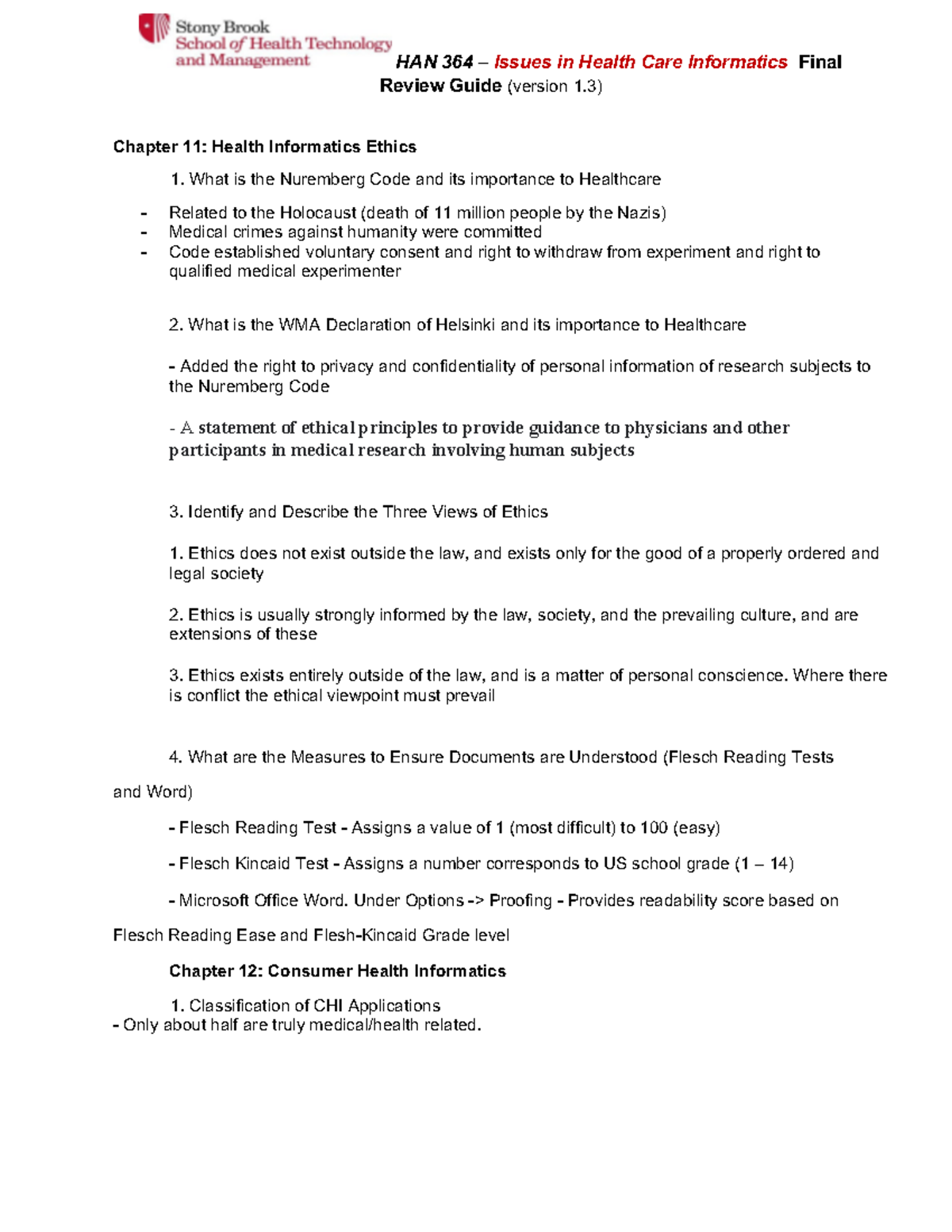Final Review Sheet- 364 - HAN 364 3 Issues in Health Care Informatics ...