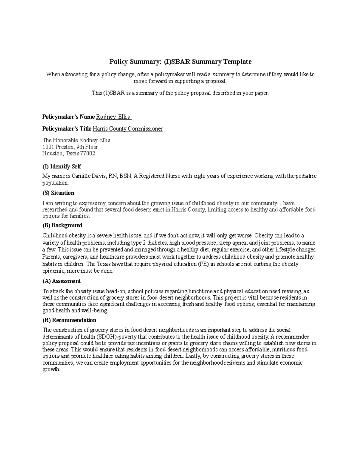 CDavis (I)SBAR Summary - Policy Summary: (I)SBAR Summary Template When ...