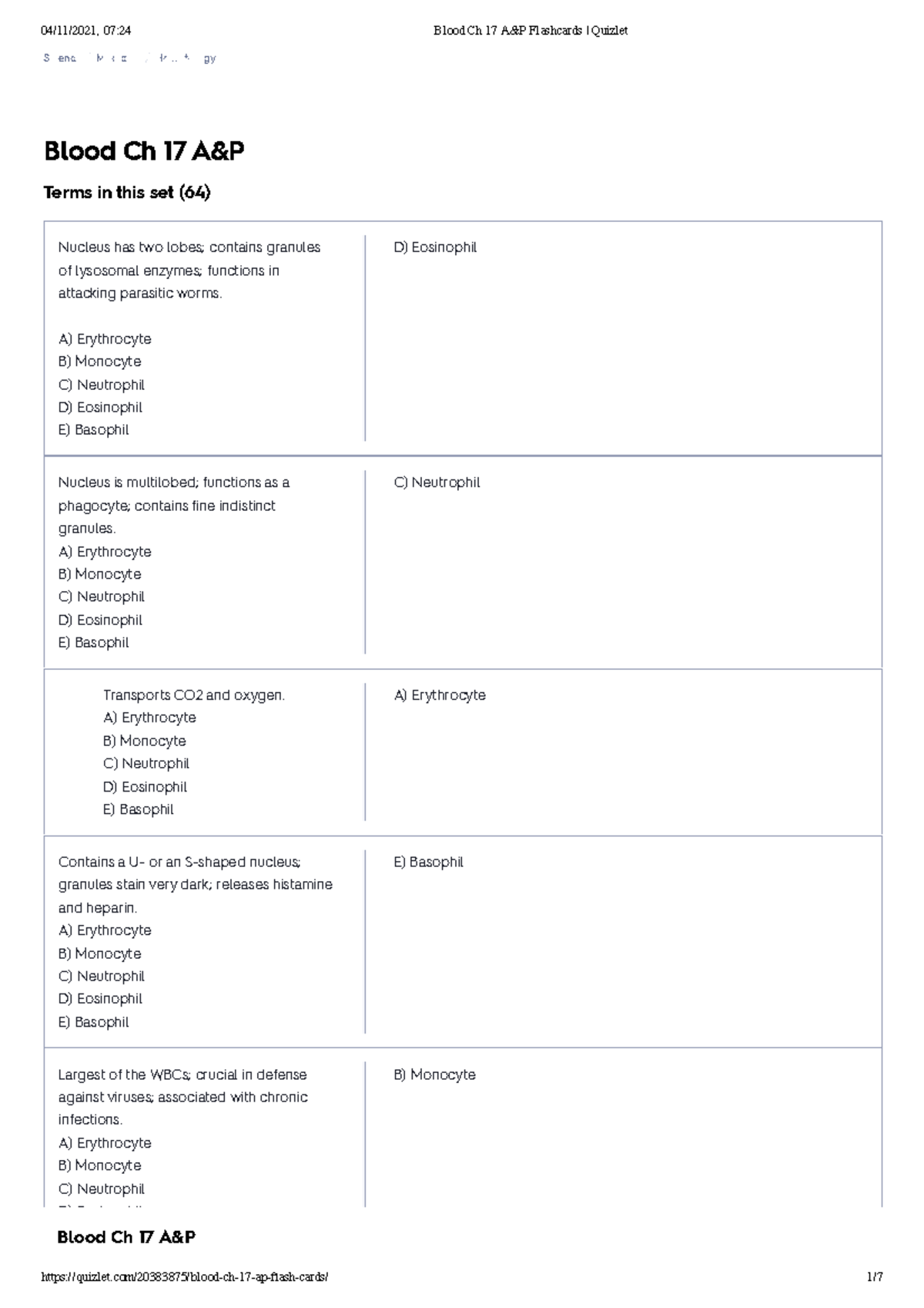 Blood Ch 17 A&P Flashcards Quizlet - SBBS - VU - Studocu