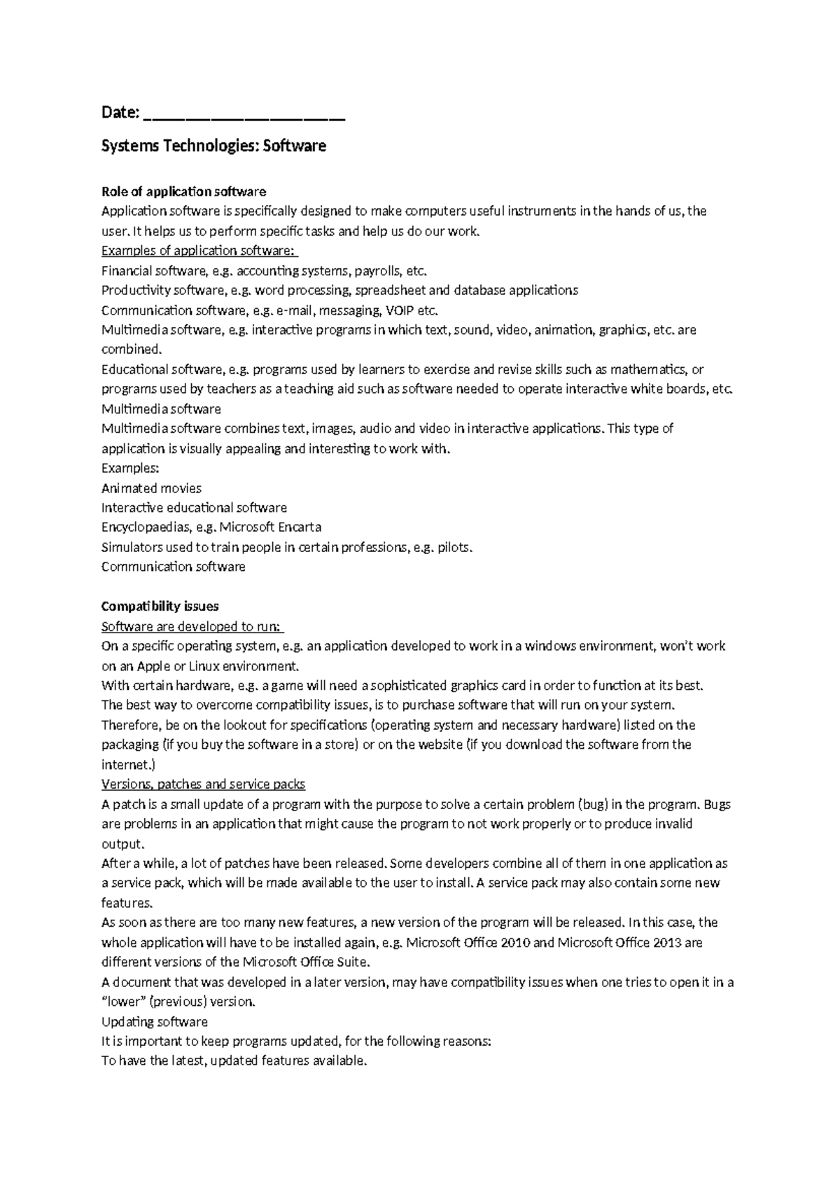 Software part 3 - Date: ________________________ Systems Technologies ...