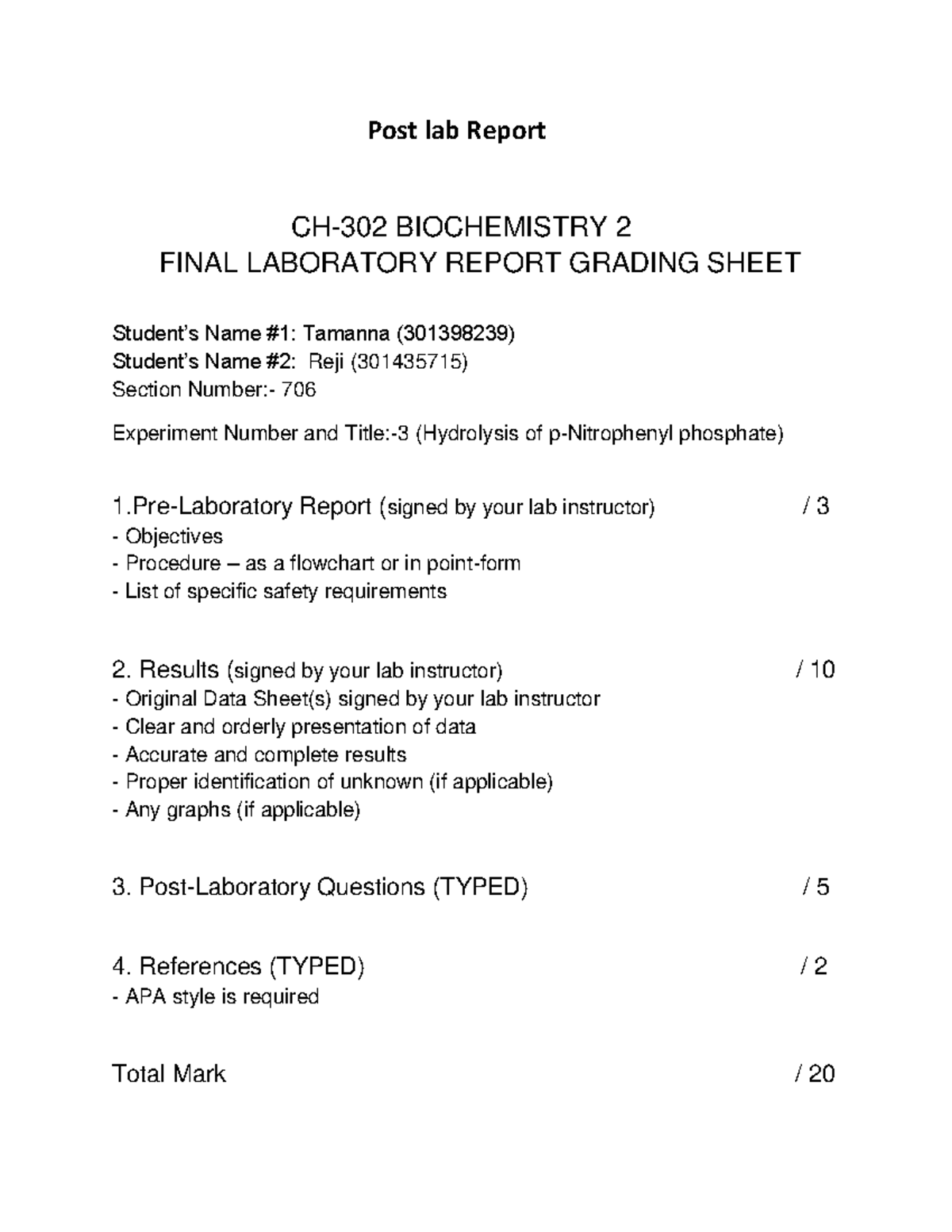 Reji and Tammana Post lab Report Experiment 3 Biochemistry nirtro ...