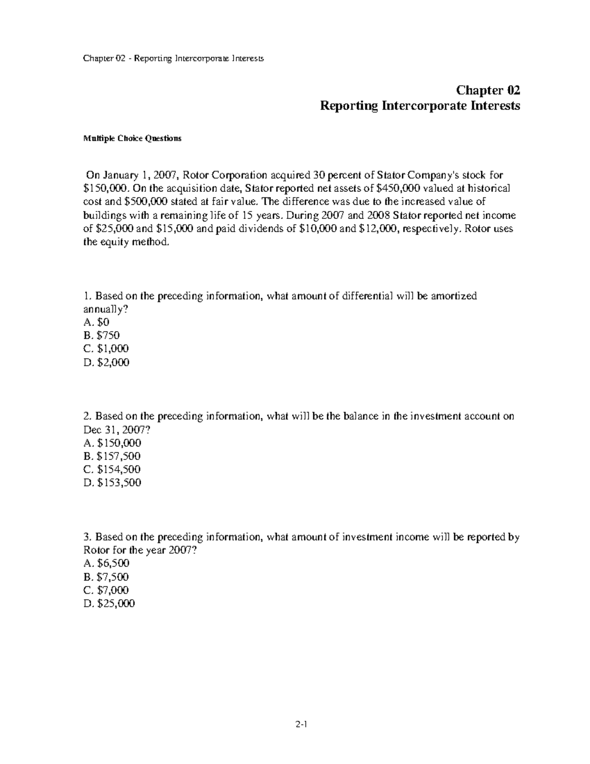 Test Bank Advanced Accounting 8E By Baker 02 Chapter - Chapter 02 ...