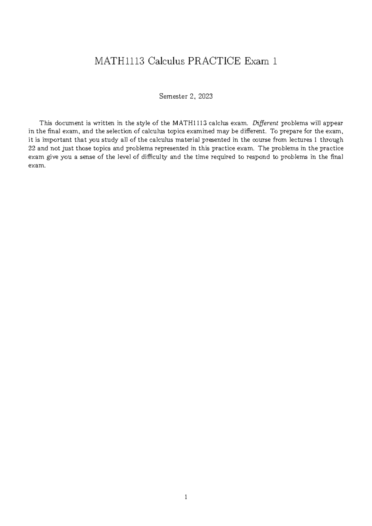 Practice Exam 1 - MATH1113 Calculus PRACTICE Exam 1 Semester 2, 2023 ...
