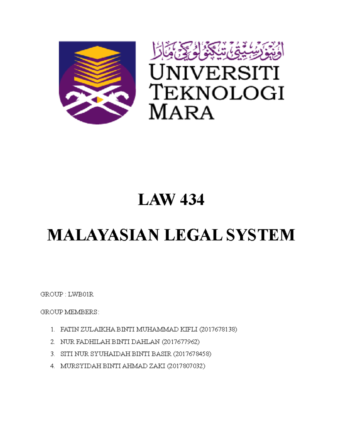 Sample Answers For All Chapters - LAW 434 MALAYASIAN LEGAL SYSTEM GROUP ...