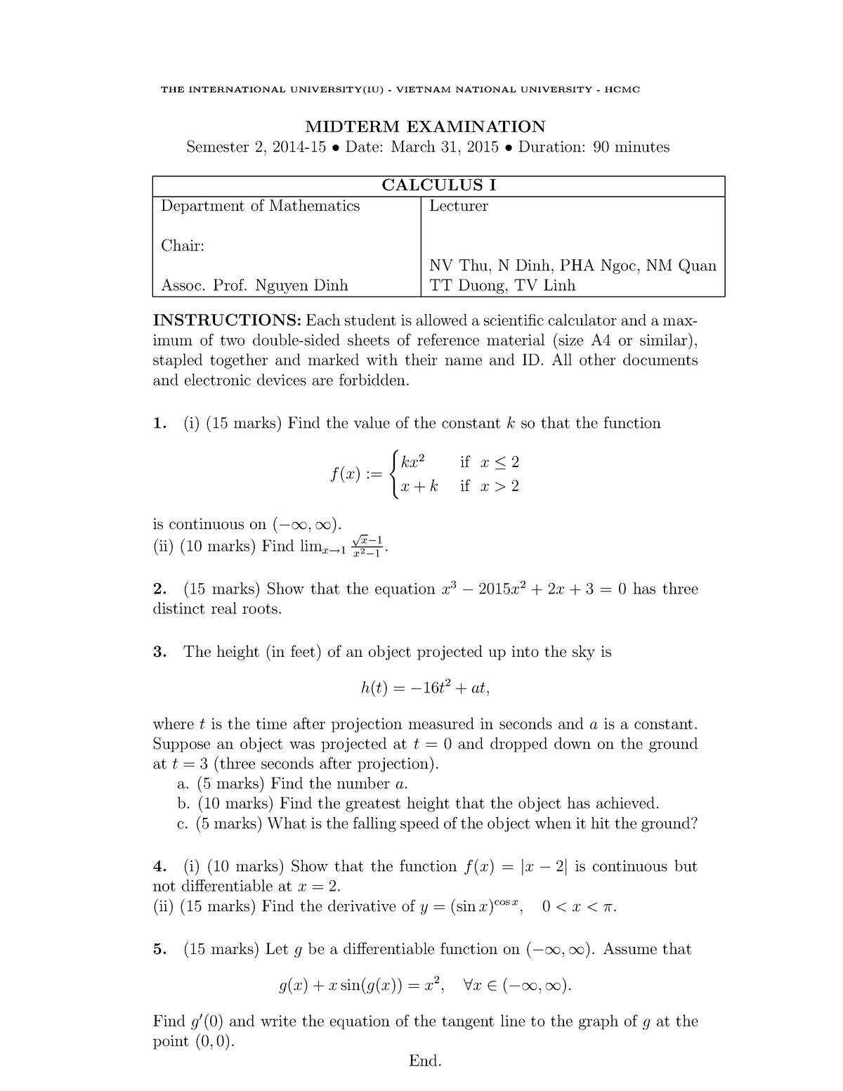 Cal1Mid 1415 Sem2 - This is the previous midterm examination! - THE 