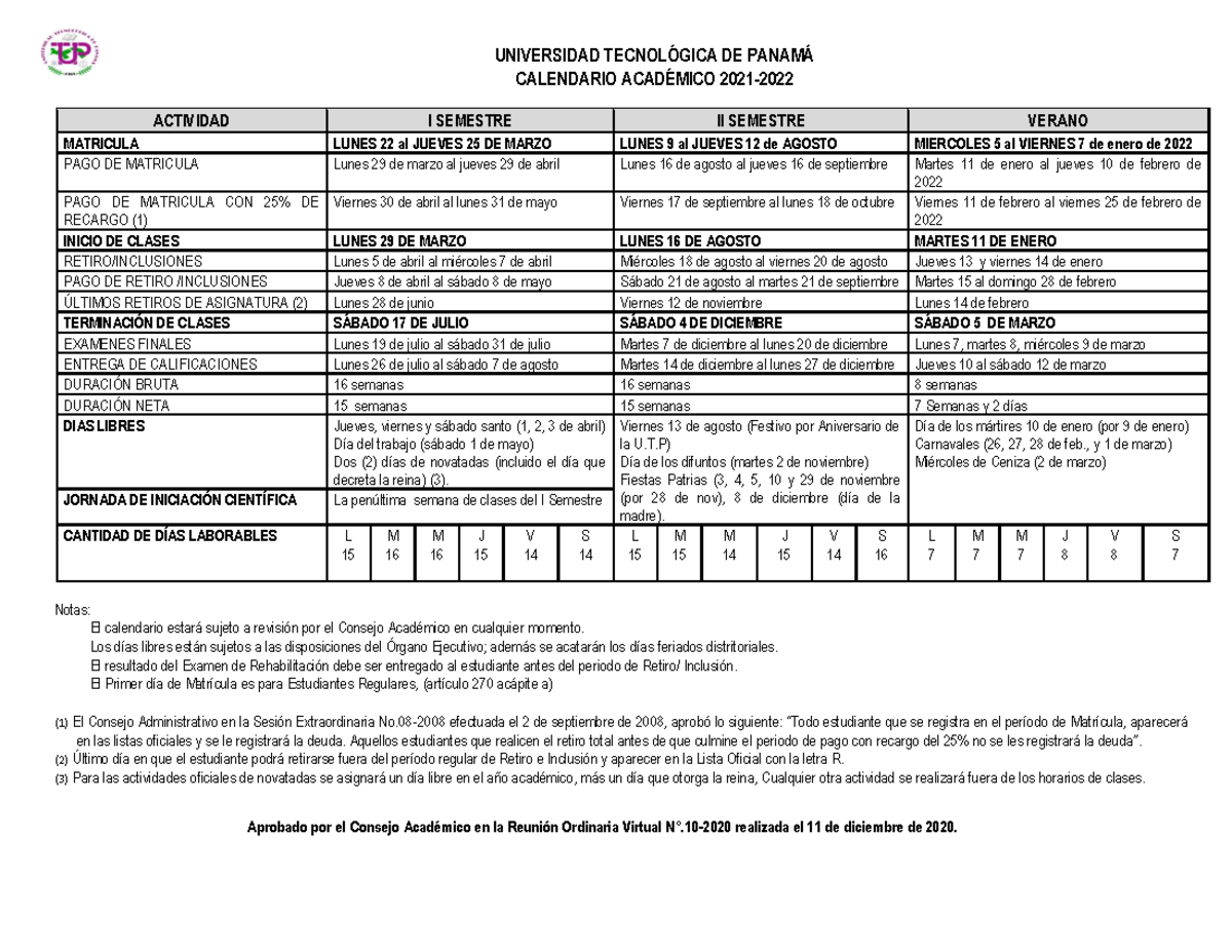 Utp calendario academico 2021 2022 modificado el 11 de diciembre de