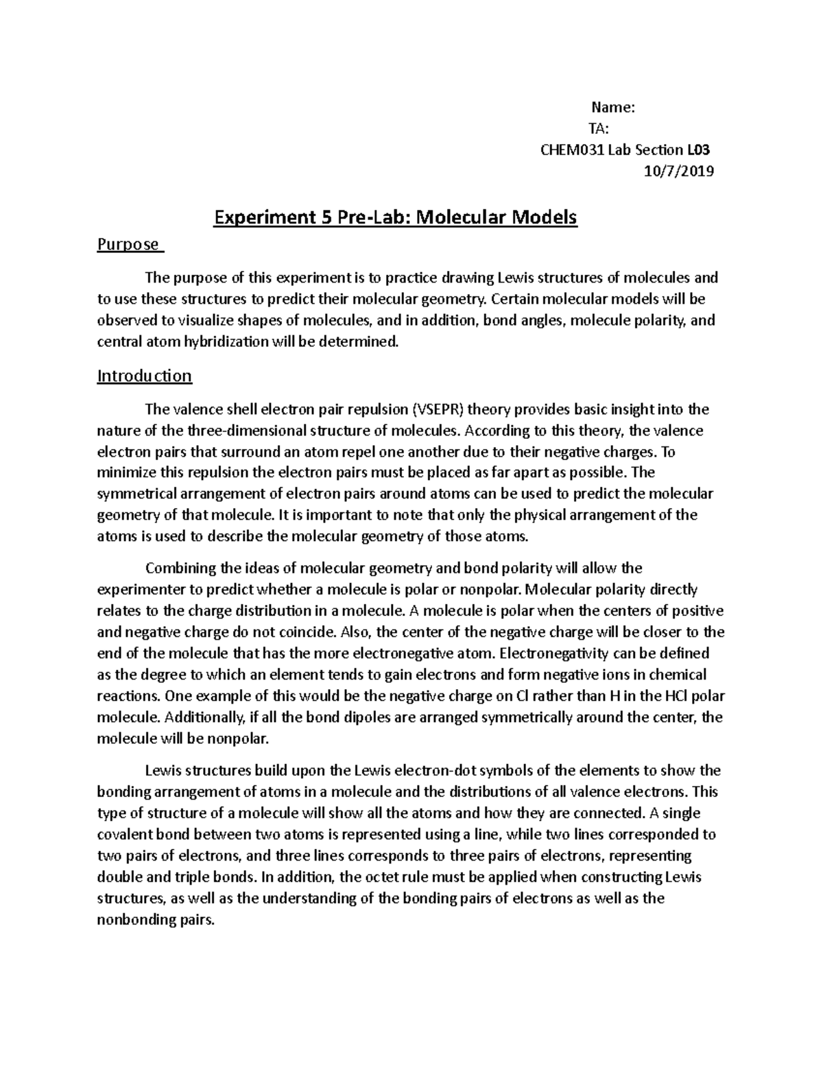 pre lab experiment 5 chemistry matriculation