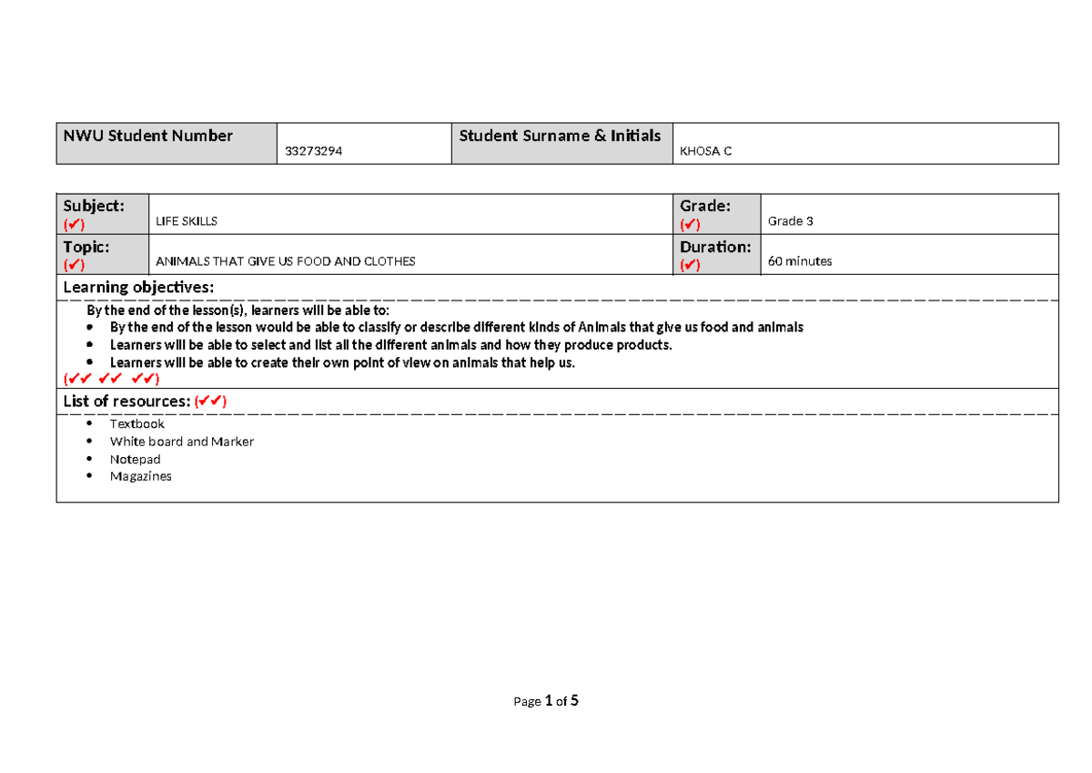 Lesson Template Complete - NWU Student Number 33273294 Student Surname ...