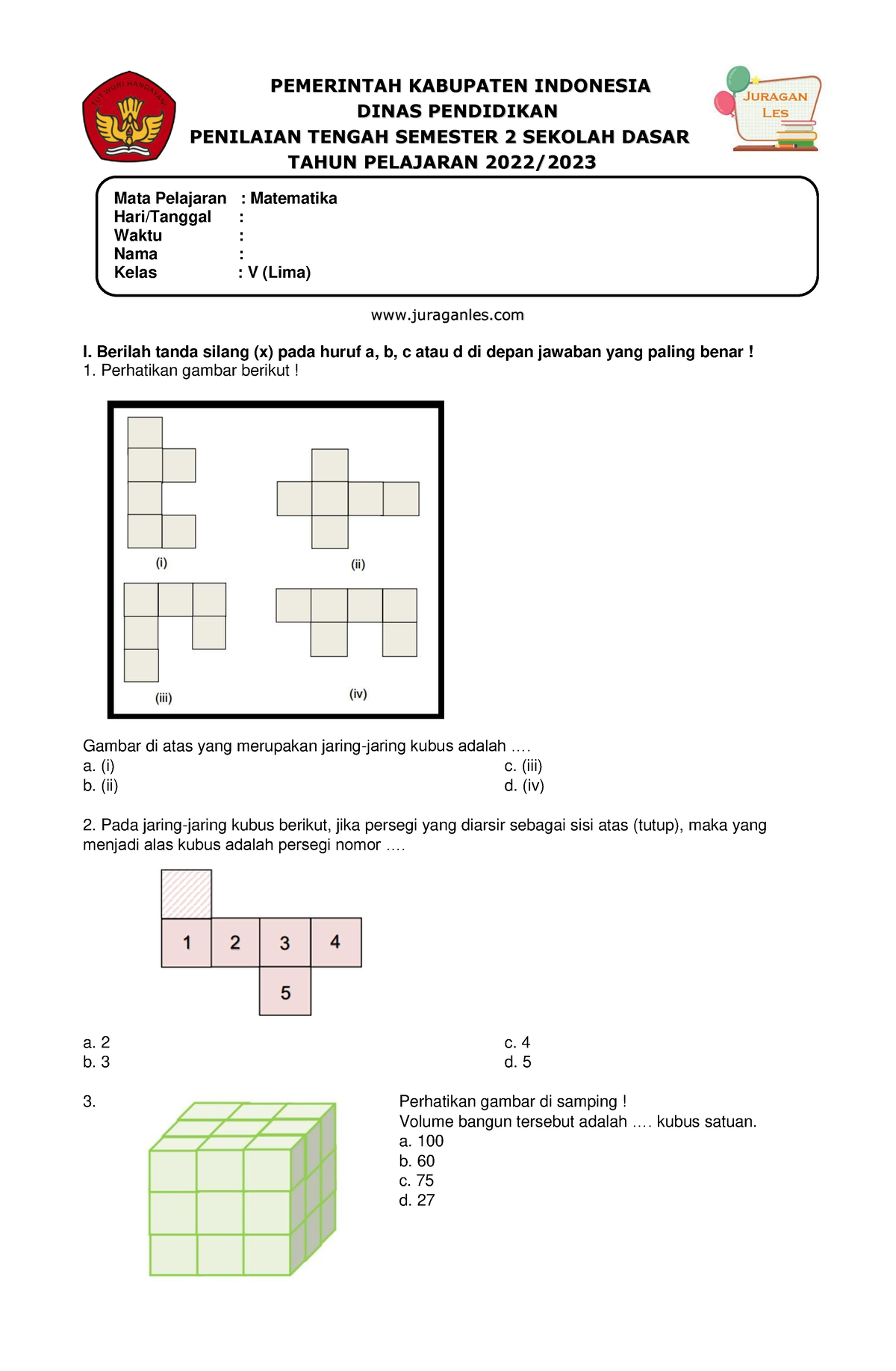 Soal PTS Matematika Kelas 5 Semester 2 T.A 2022-2023 - PEMERINTAH ...