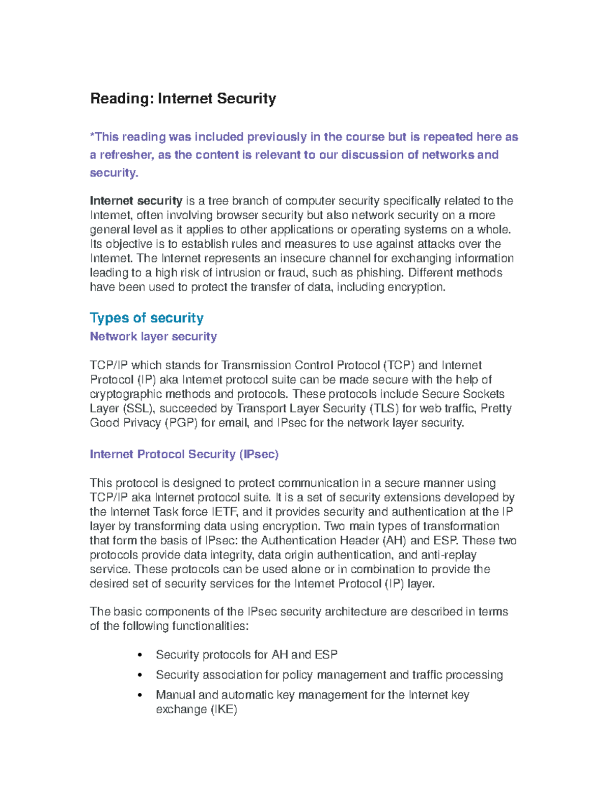 Module 6 Reading 5 Internet Security - Reading: Internet Security *This ...