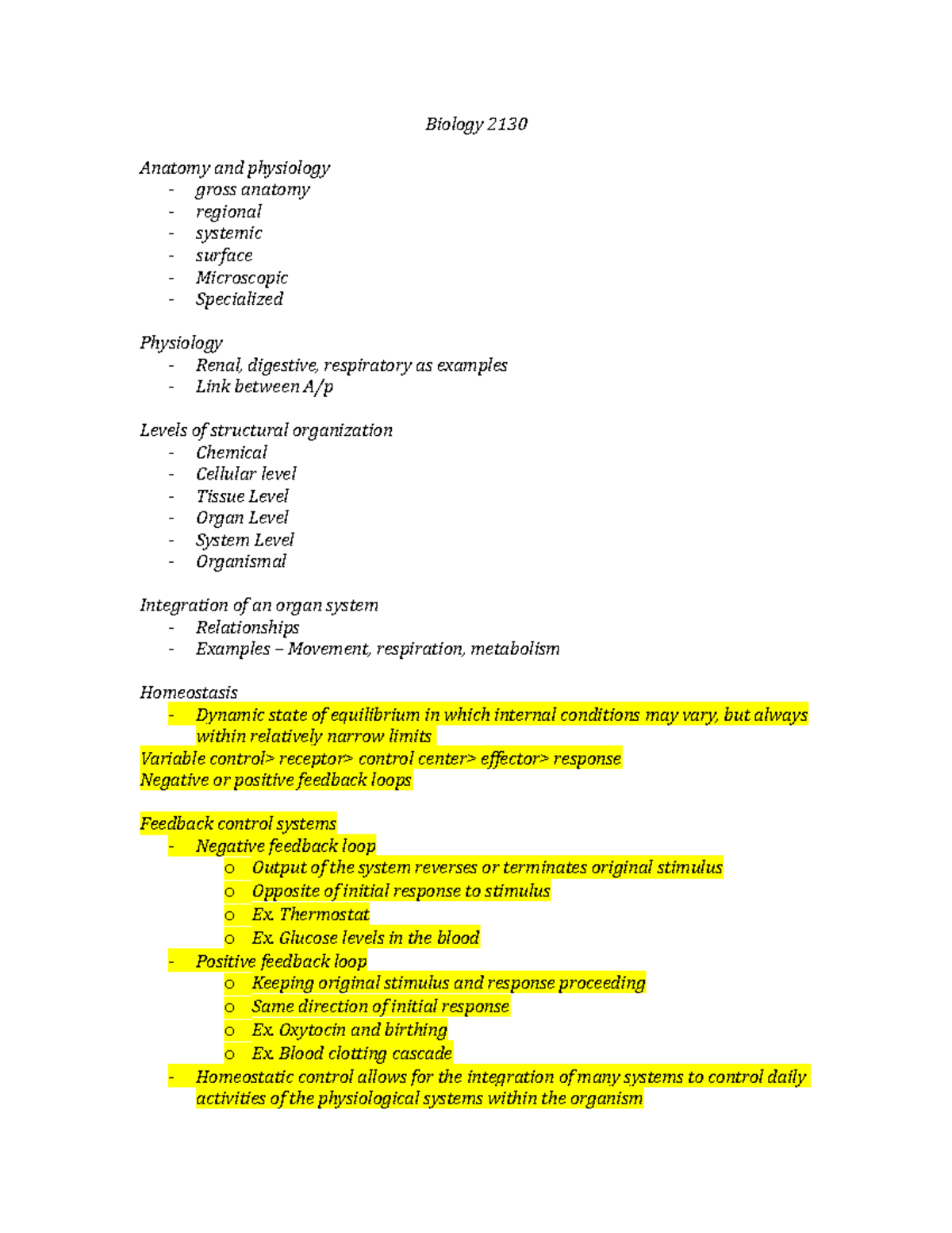 Biology 2130 - Lecture notes 1 - Biology 2130 Anatomy and physiology ...