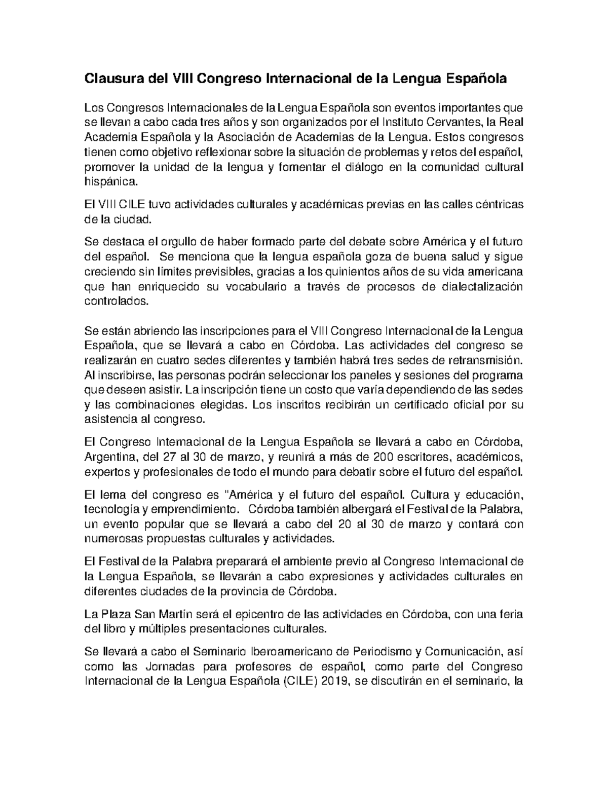 Clausura del VIII Congreso Internacional de la Lengua Española ...