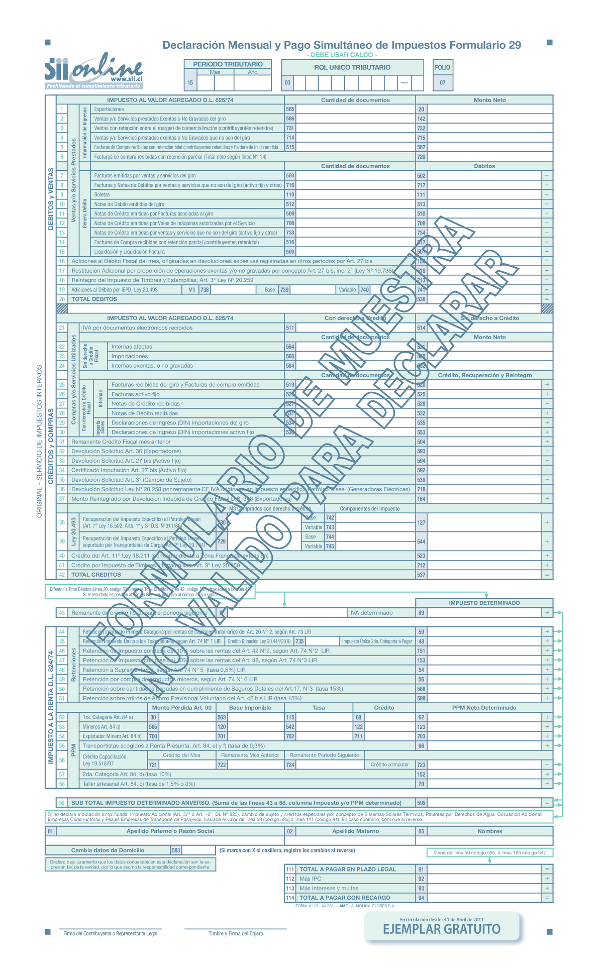 Formulario 29 Plantilla Documento Periodo Tributario Rol Unico