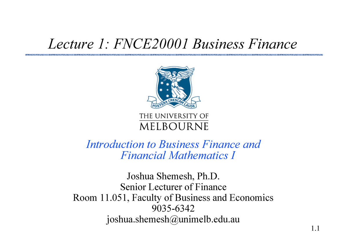 Lecture Notes, Lecture 1 - Lecture 1: Business Finance Introduction To ...