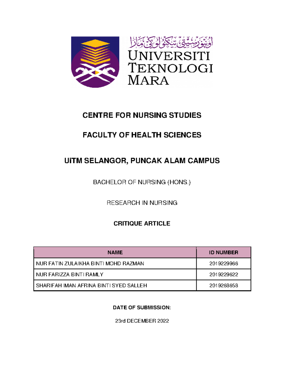 2 0 Critique Article Research Centre For Nursing Studies Faculty Of