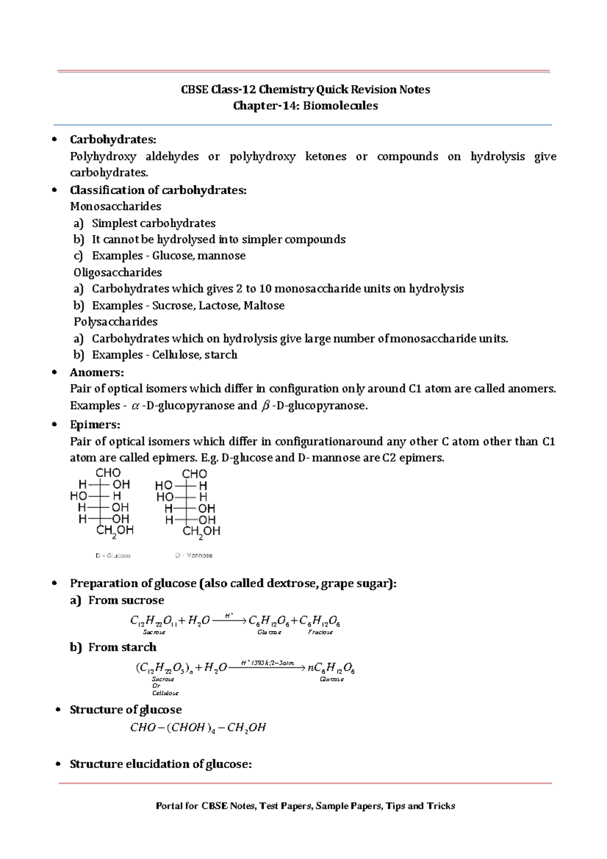 Biomolecules Chemistry question papper for exam CBSE Class12 Chemistry Quick Revision Notes