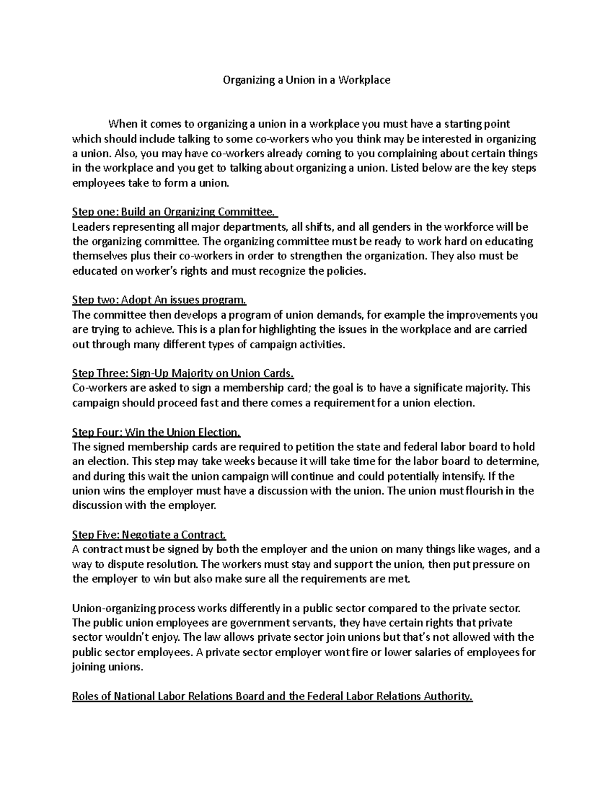 Organizing a Union in a Workplace - Also, you may have co-workers ...