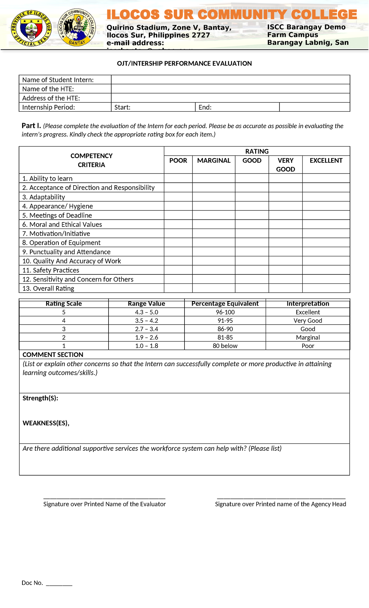 Ojt Performance Evaluation - Iscc Barangay Demo Farm Campus Barangay 
