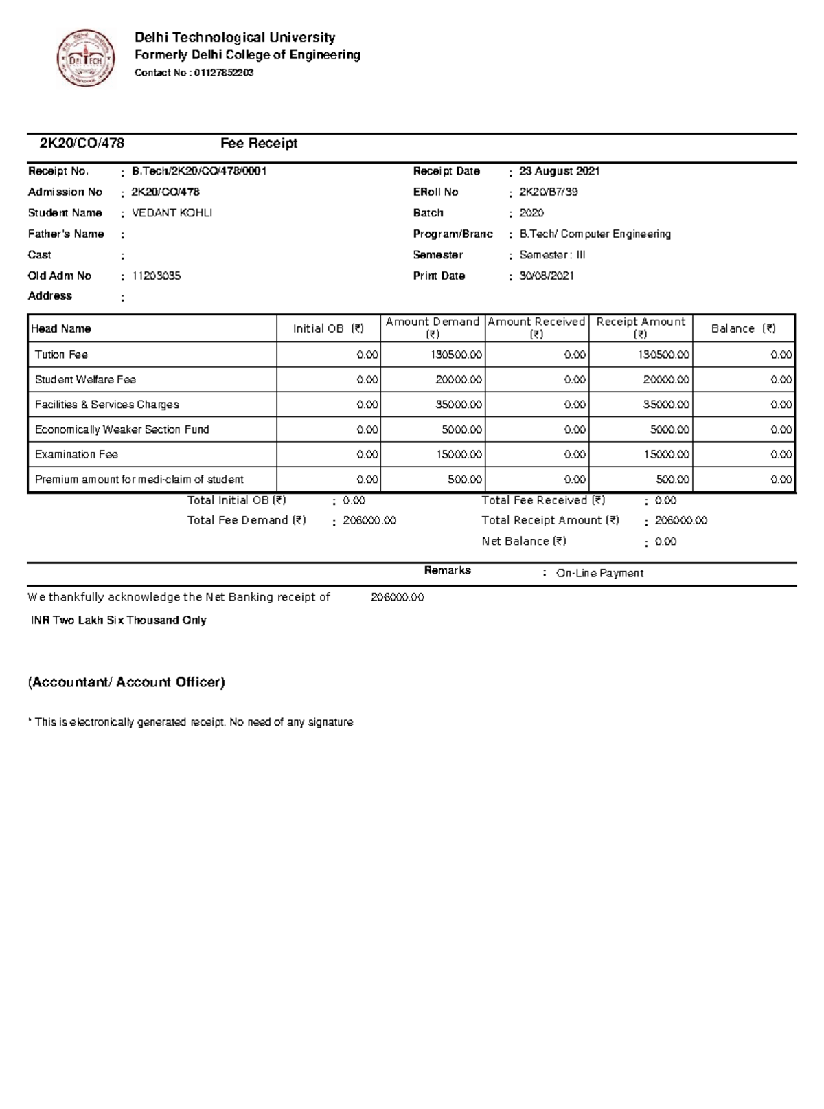 Fee Receipt - sancksndocns - Contact No : 01127852203 Delhi ...
