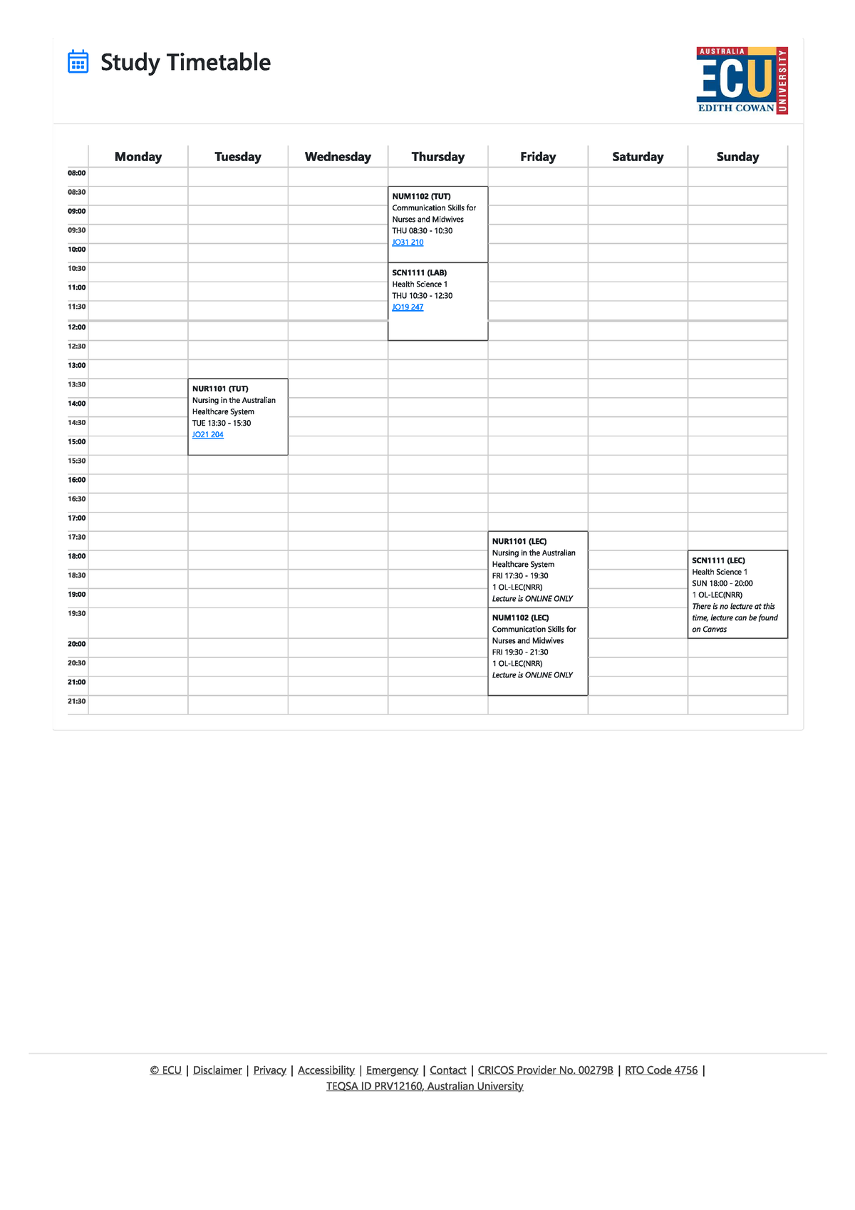 ECU timetable 1 Schedules NUR3503 Studocu