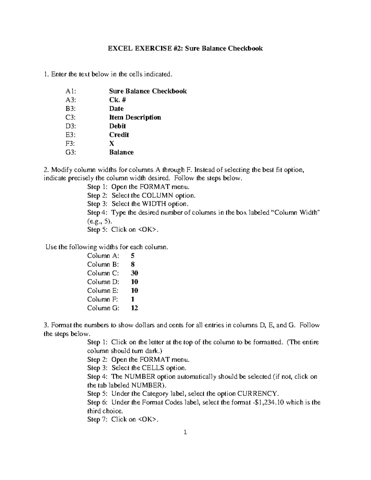 Exer2 - excel - 1 EXCEL EXERCISE #2: Sure Balance Checkbook Enter the ...